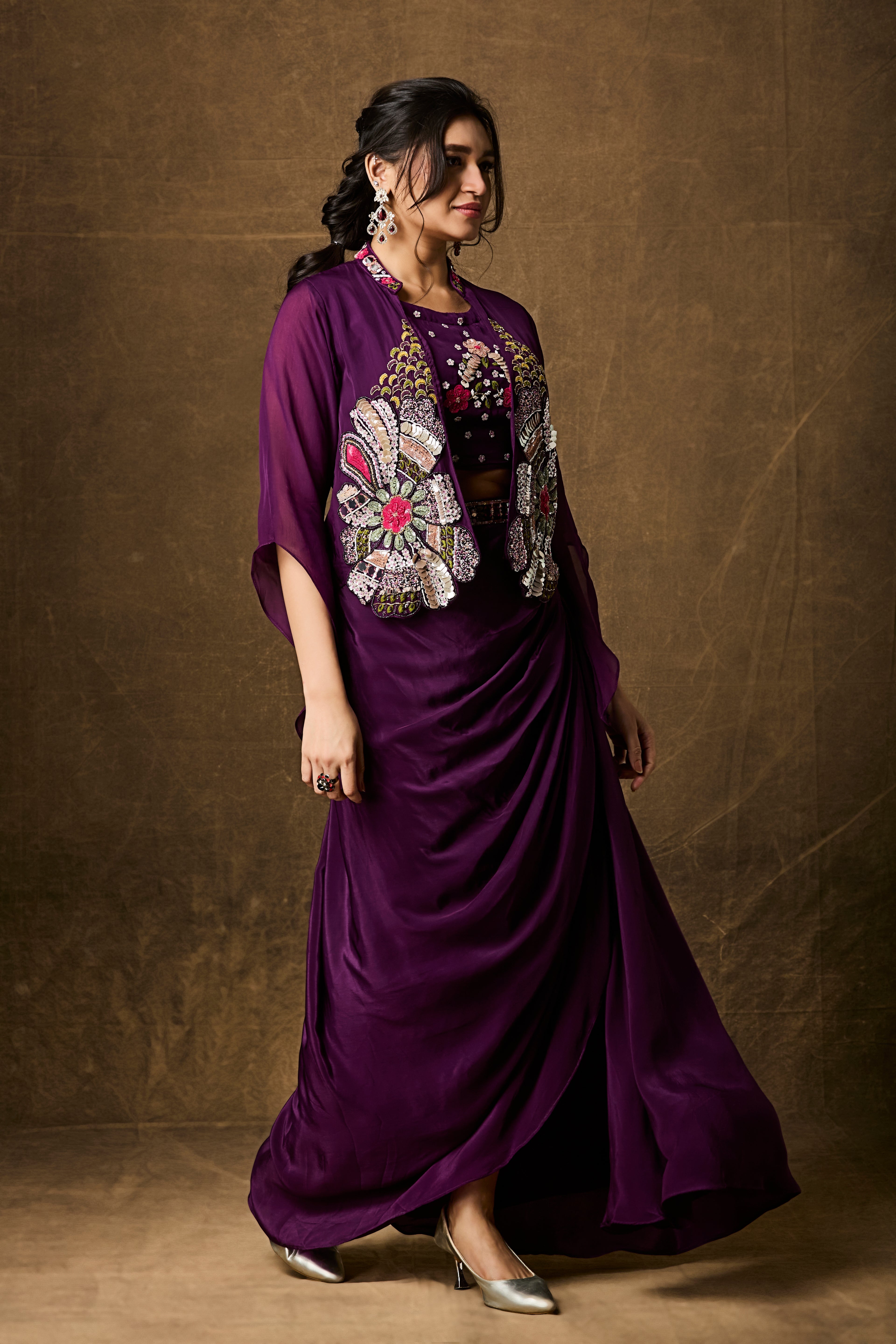 Royal Purple Embellished Crepe Silk Skirt Set