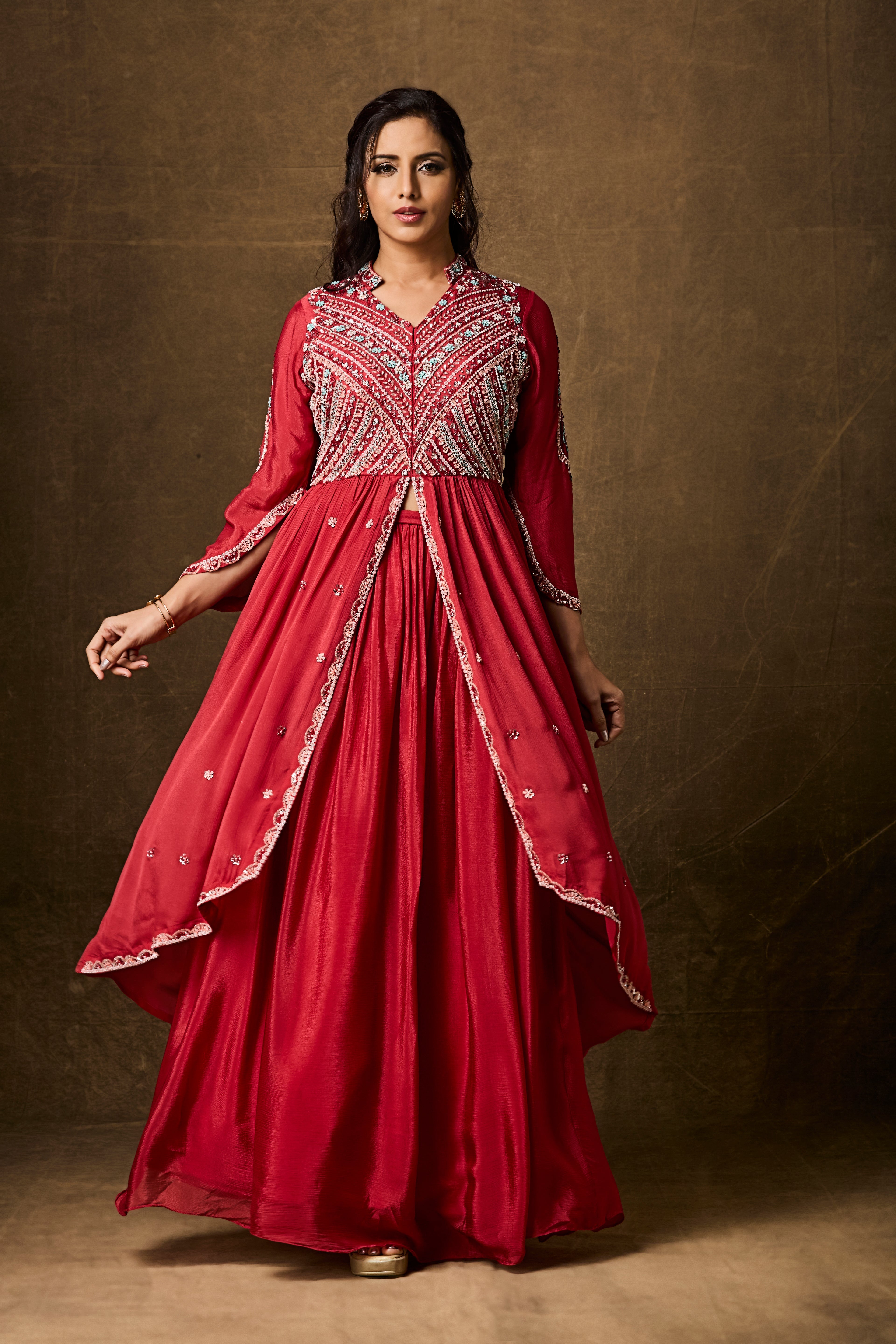 Crimson Red Embellished Chinon Silk Skirt Set