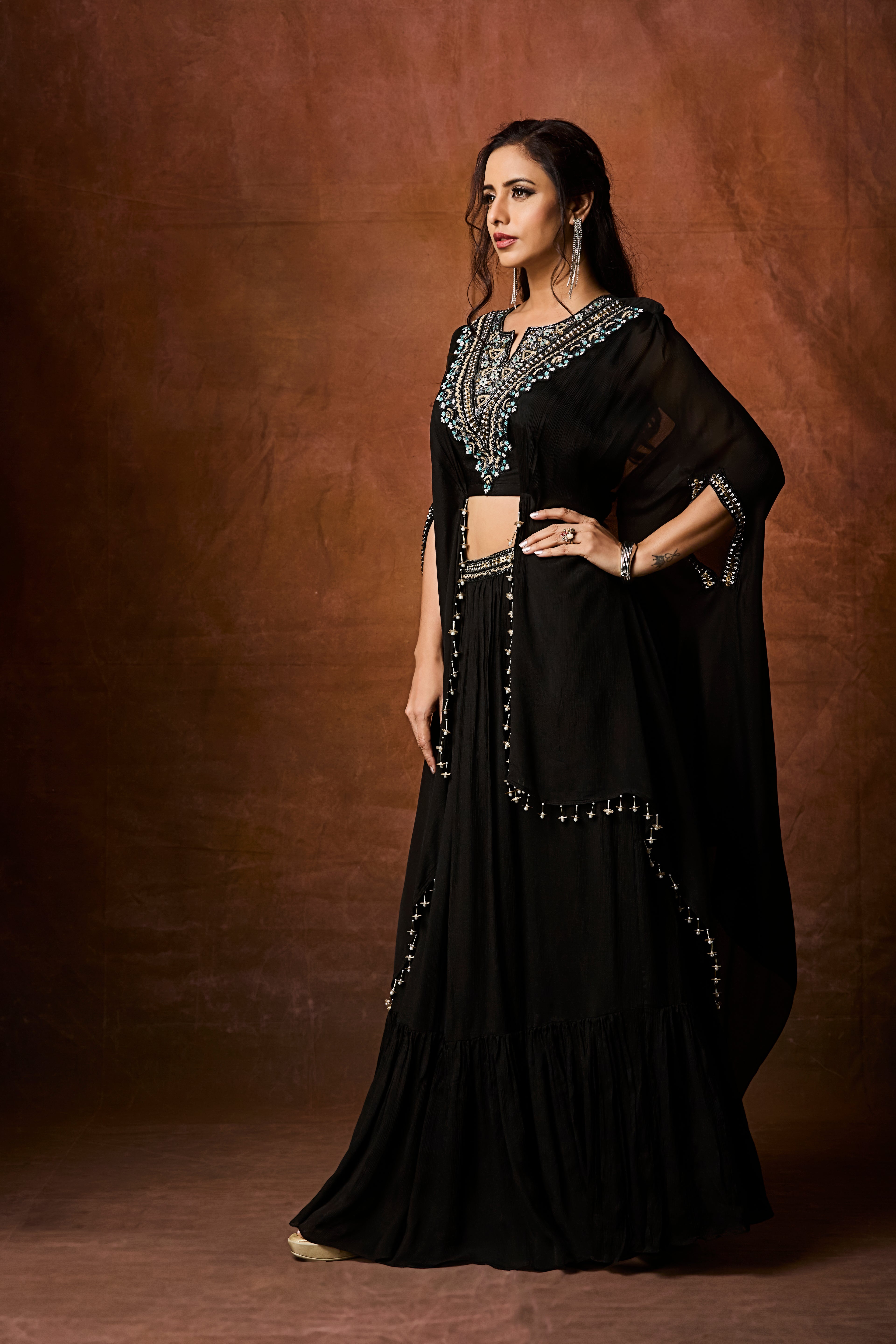 Classic Black Embellished Chinon Silk Skirt Set