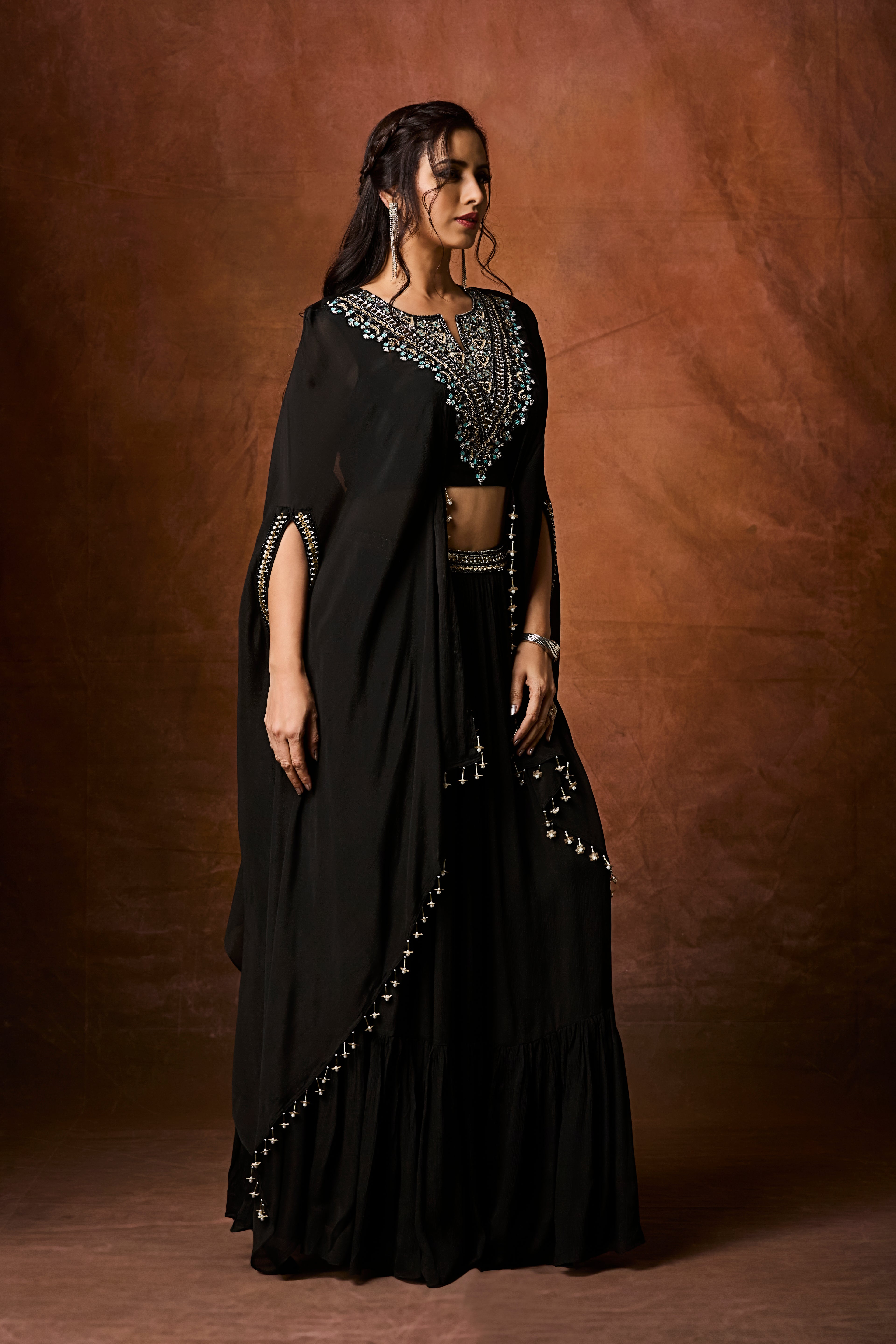 Classic Black Embellished Chinon Silk Skirt Set