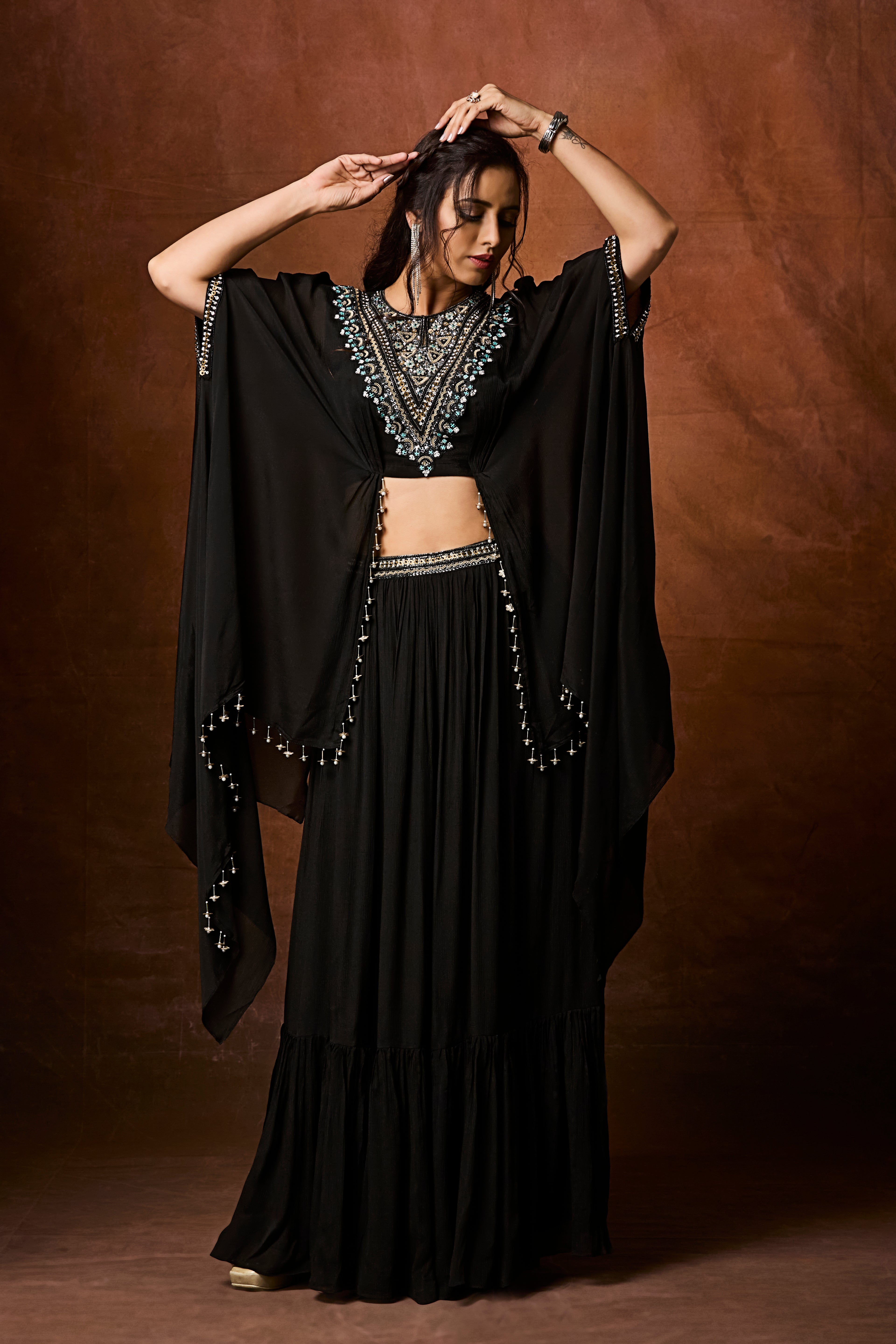 Classic Black Embellished Chinon Silk Skirt Set