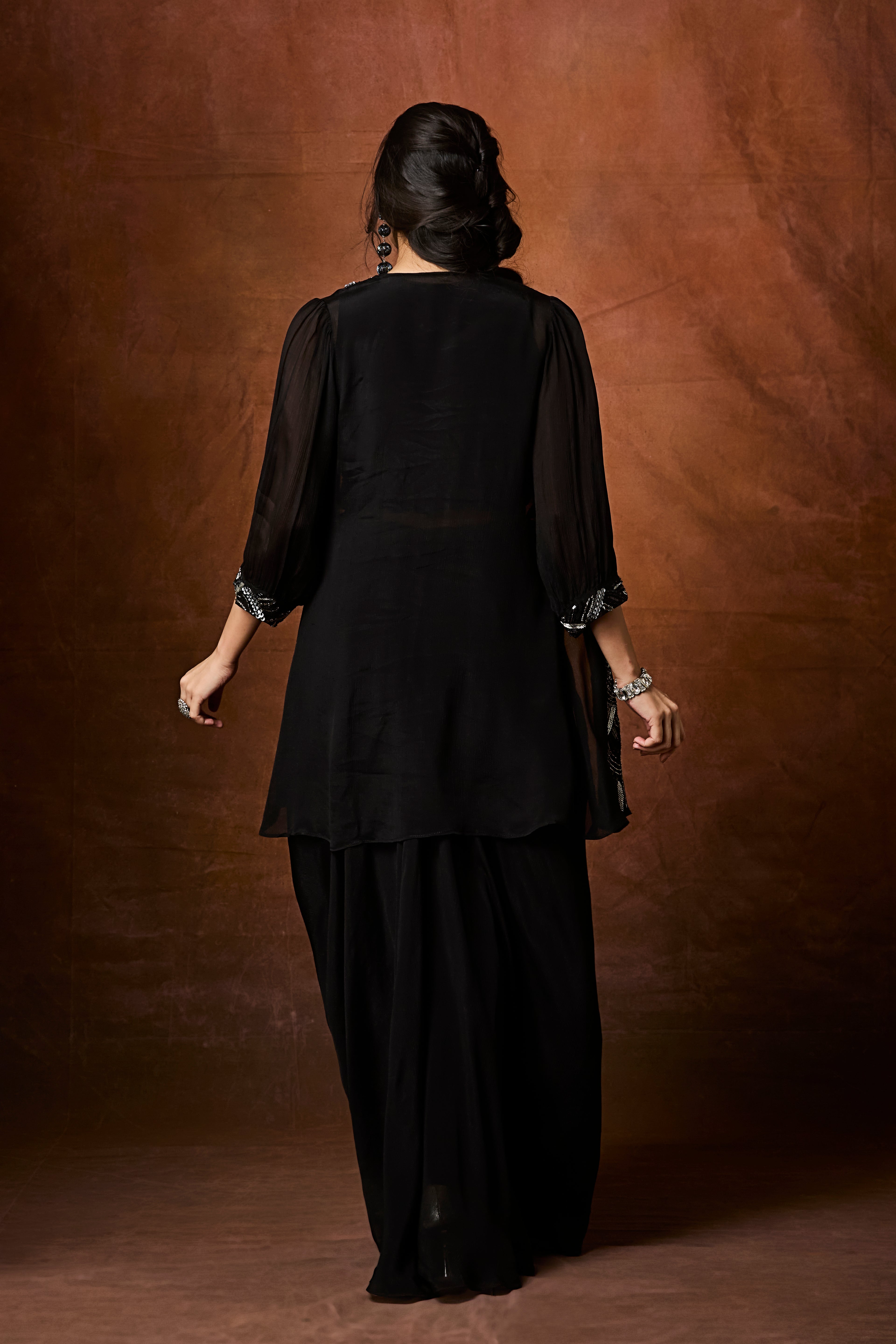 Midnight Black Embellished Chinon Silk Skirt Set