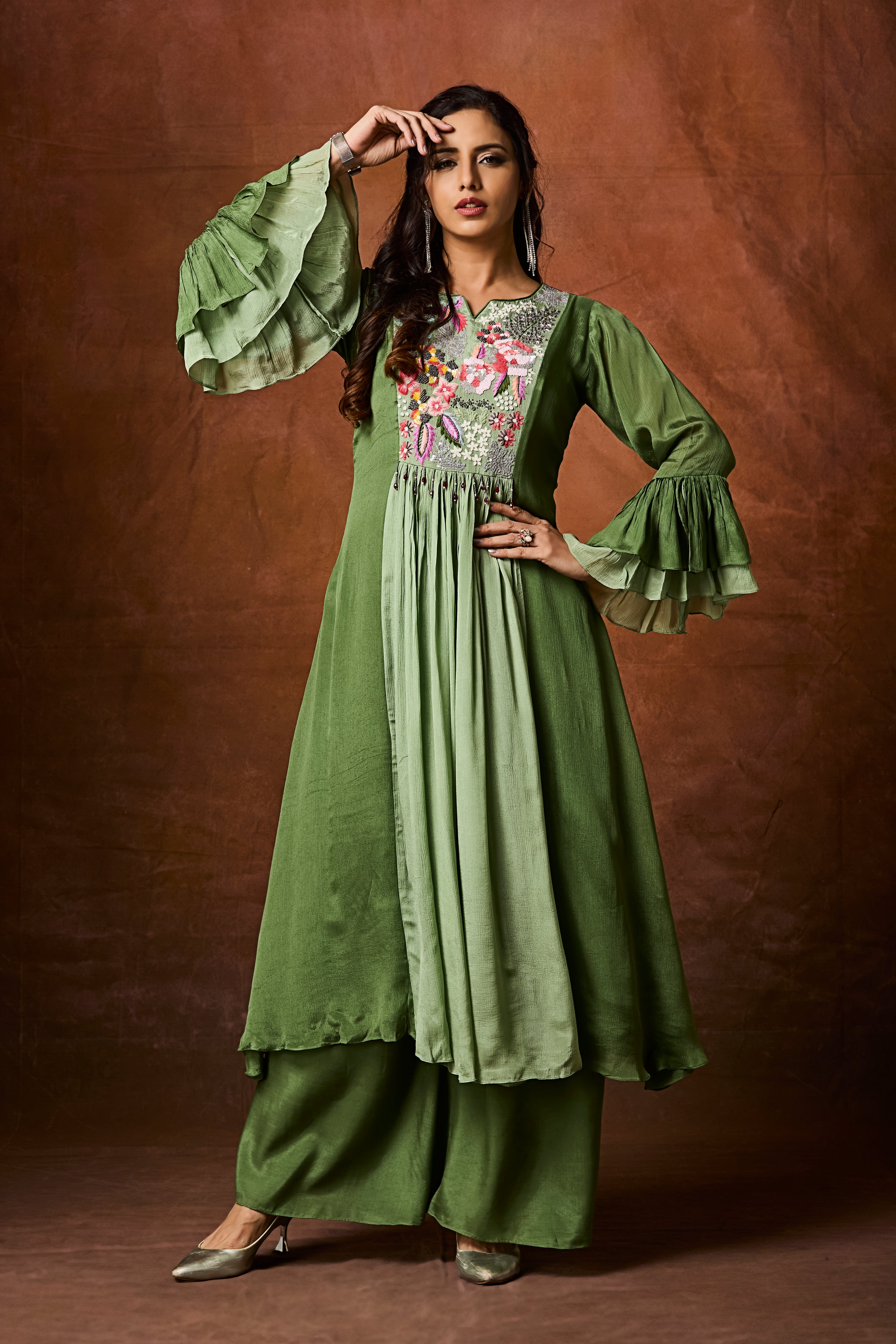 Deep Moss Green Embellished Chinon Silk Palazzo Set