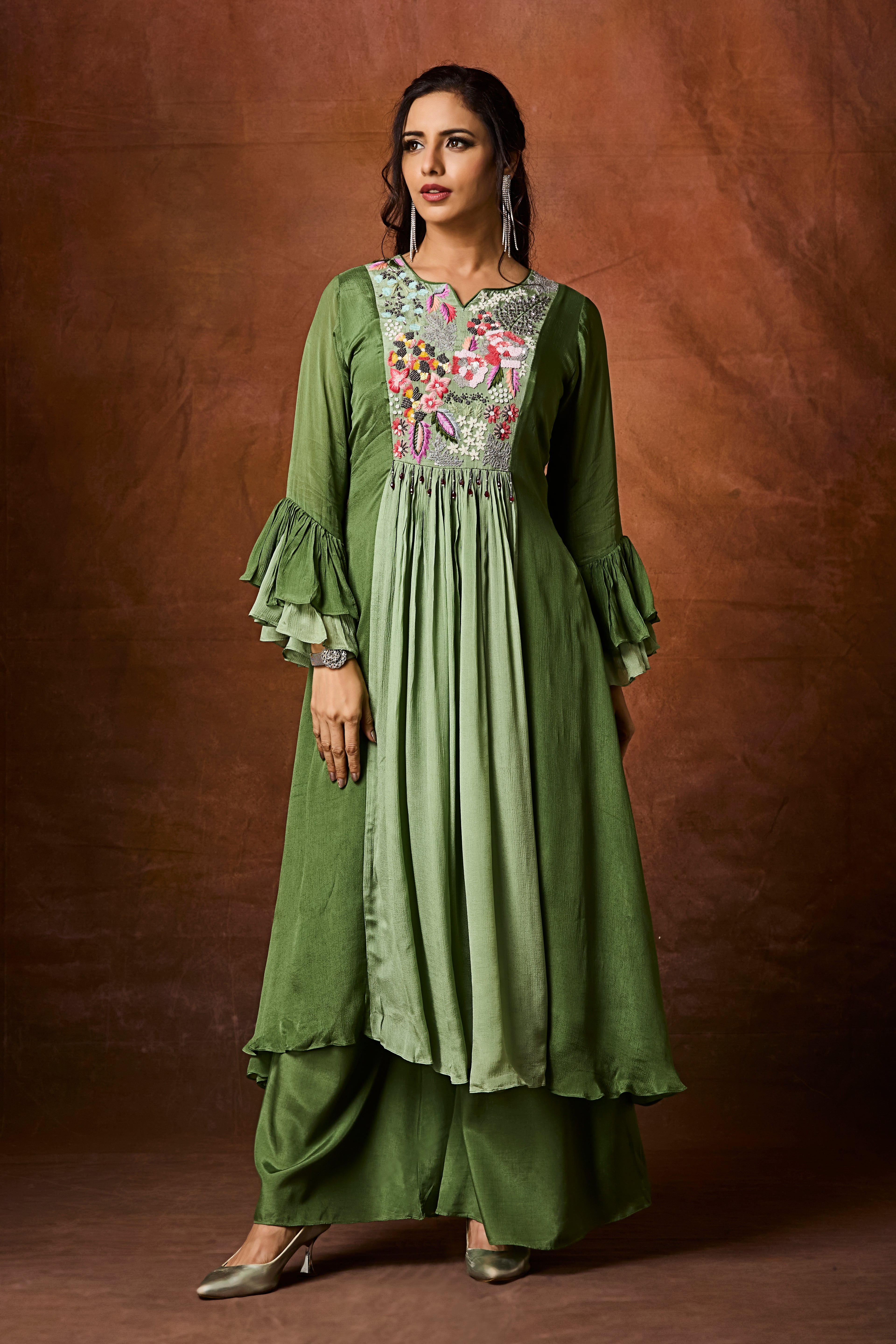 Deep Moss Green Embellished Chinon Silk Palazzo Set
