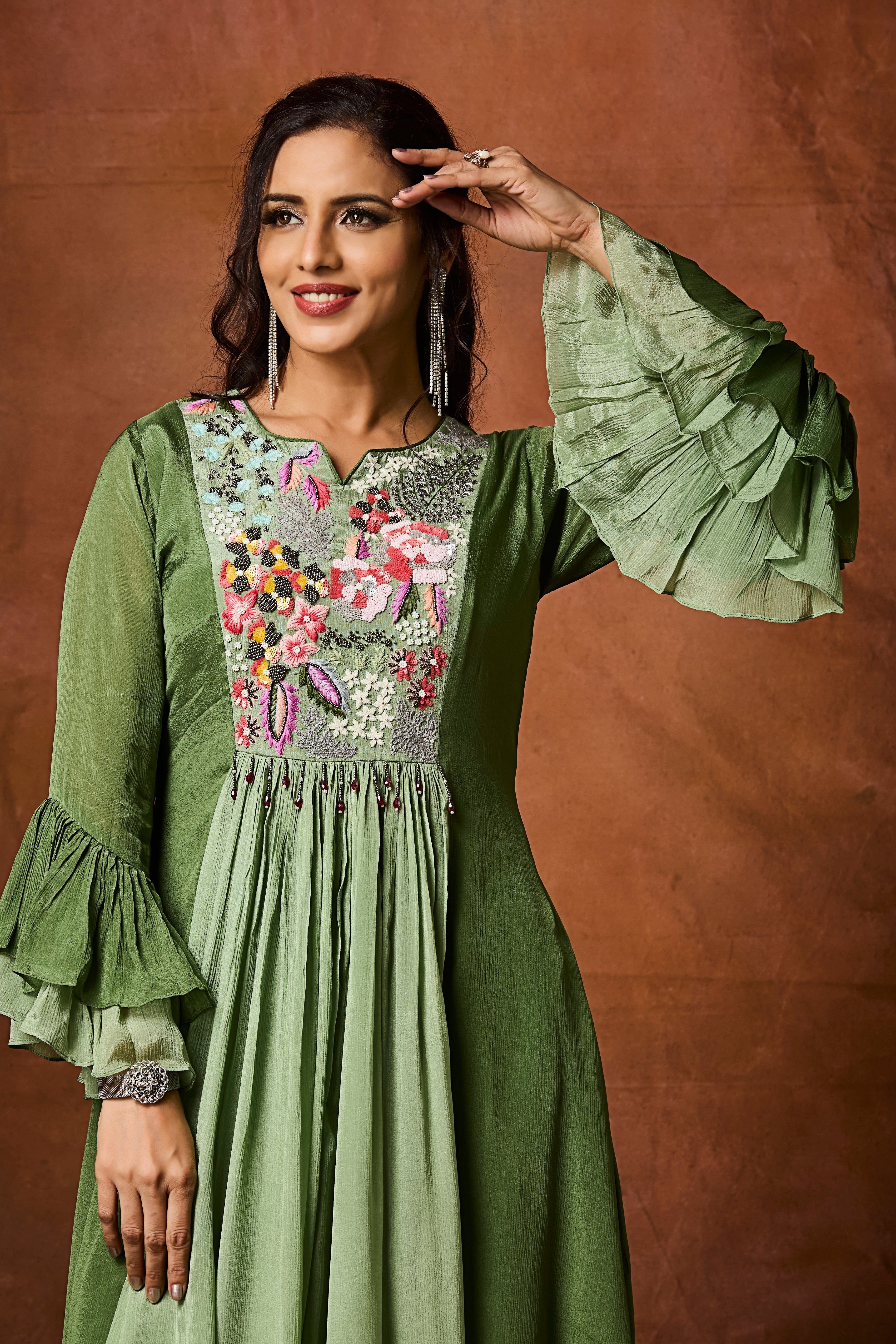 Deep Moss Green Embellished Chinon Silk Palazzo Set