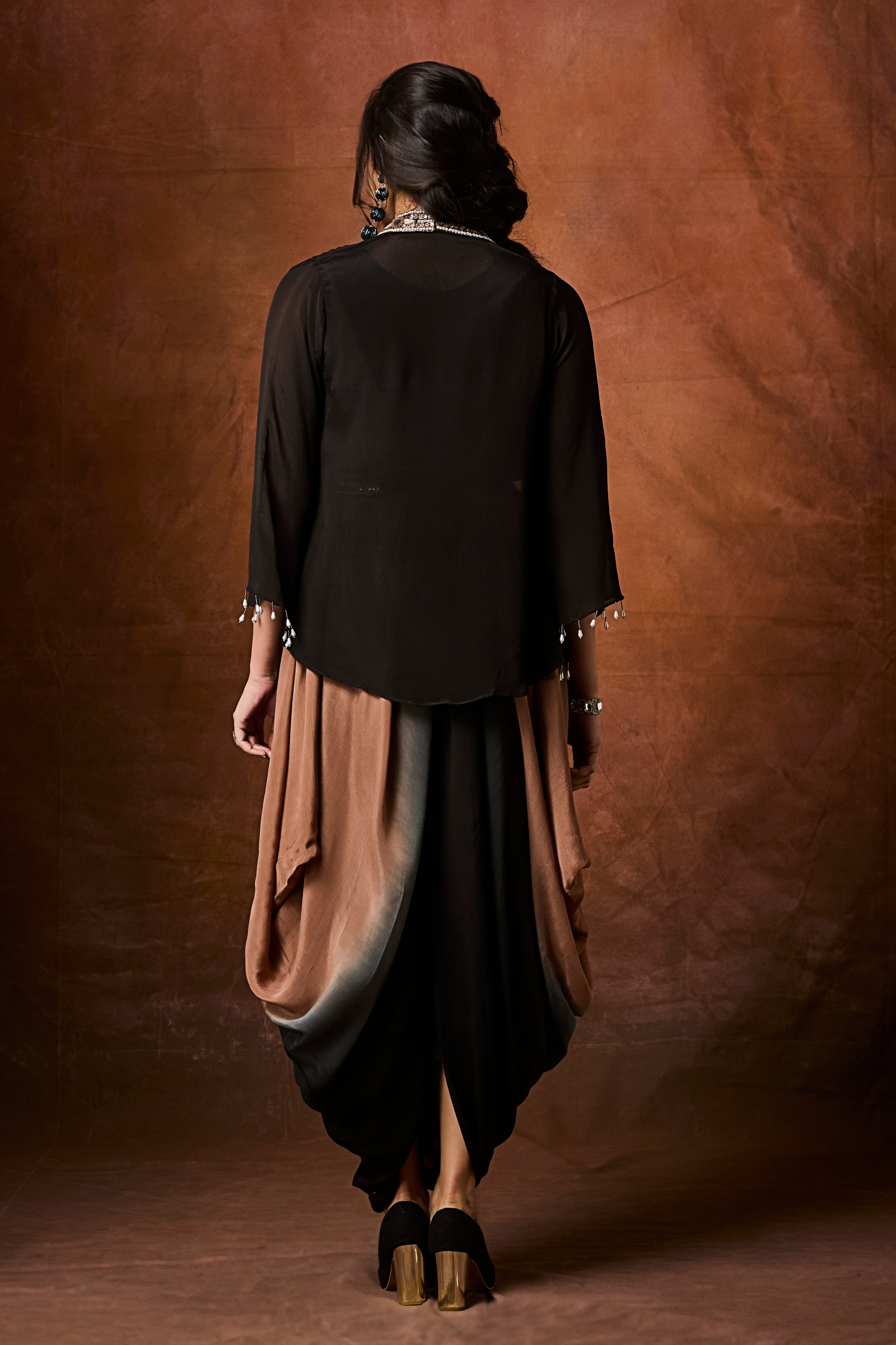 Black To Tan Ombre Chinon Silk Cowl Dress