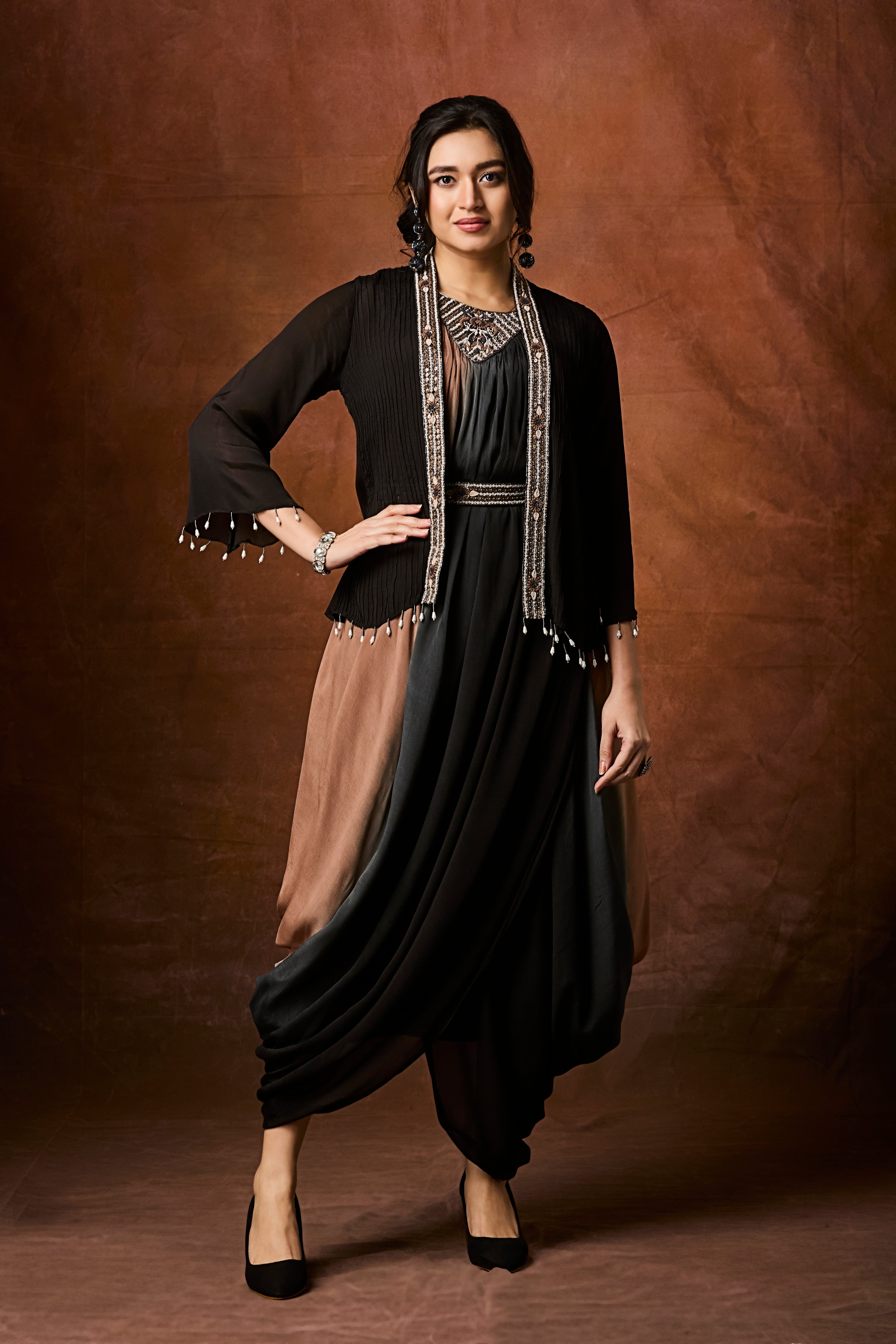 Black To Tan Ombre Chinon Silk Cowl Dress