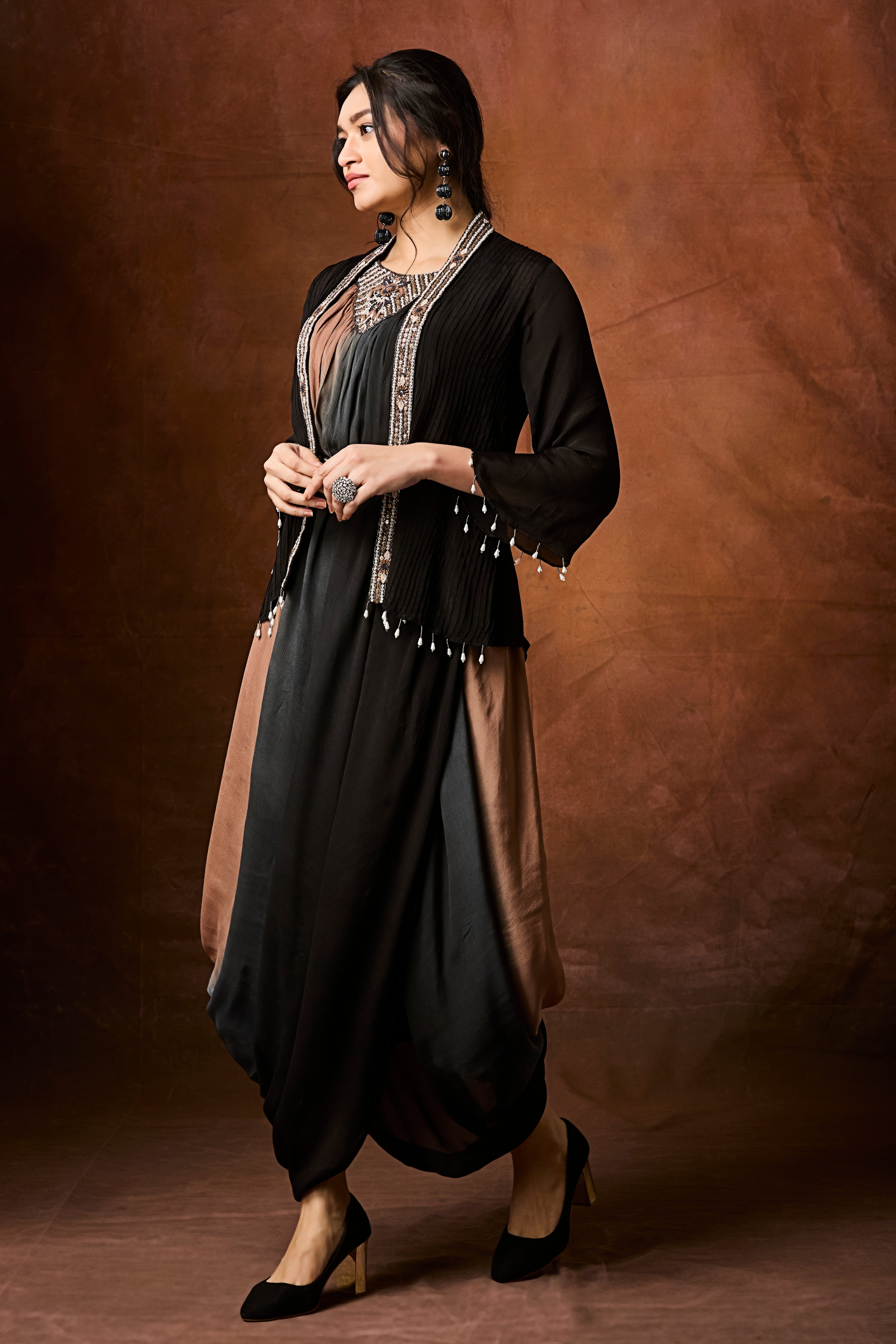 Black To Tan Ombre Chinon Silk Cowl Dress