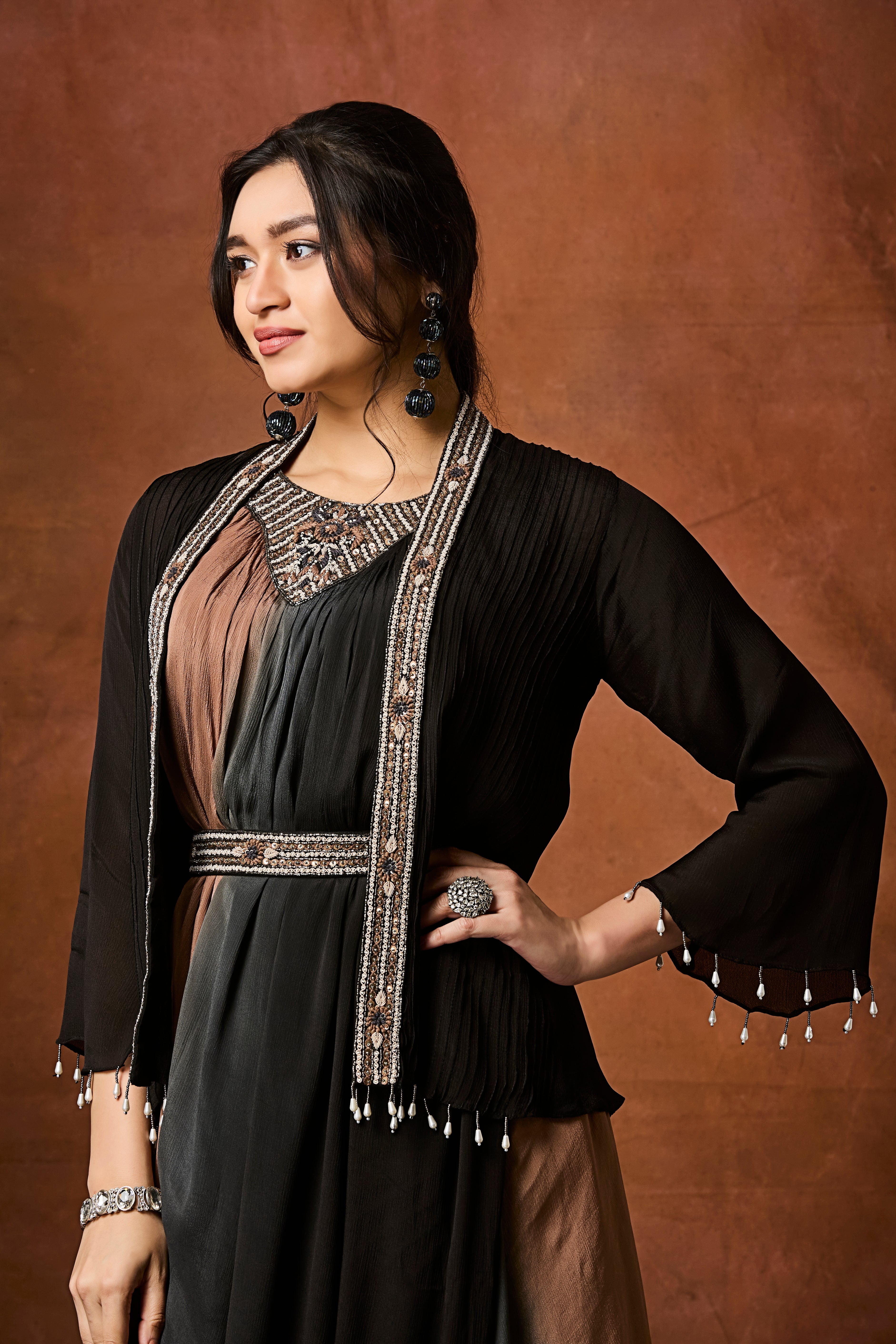 Black To Tan Ombre Chinon Silk Cowl Dress