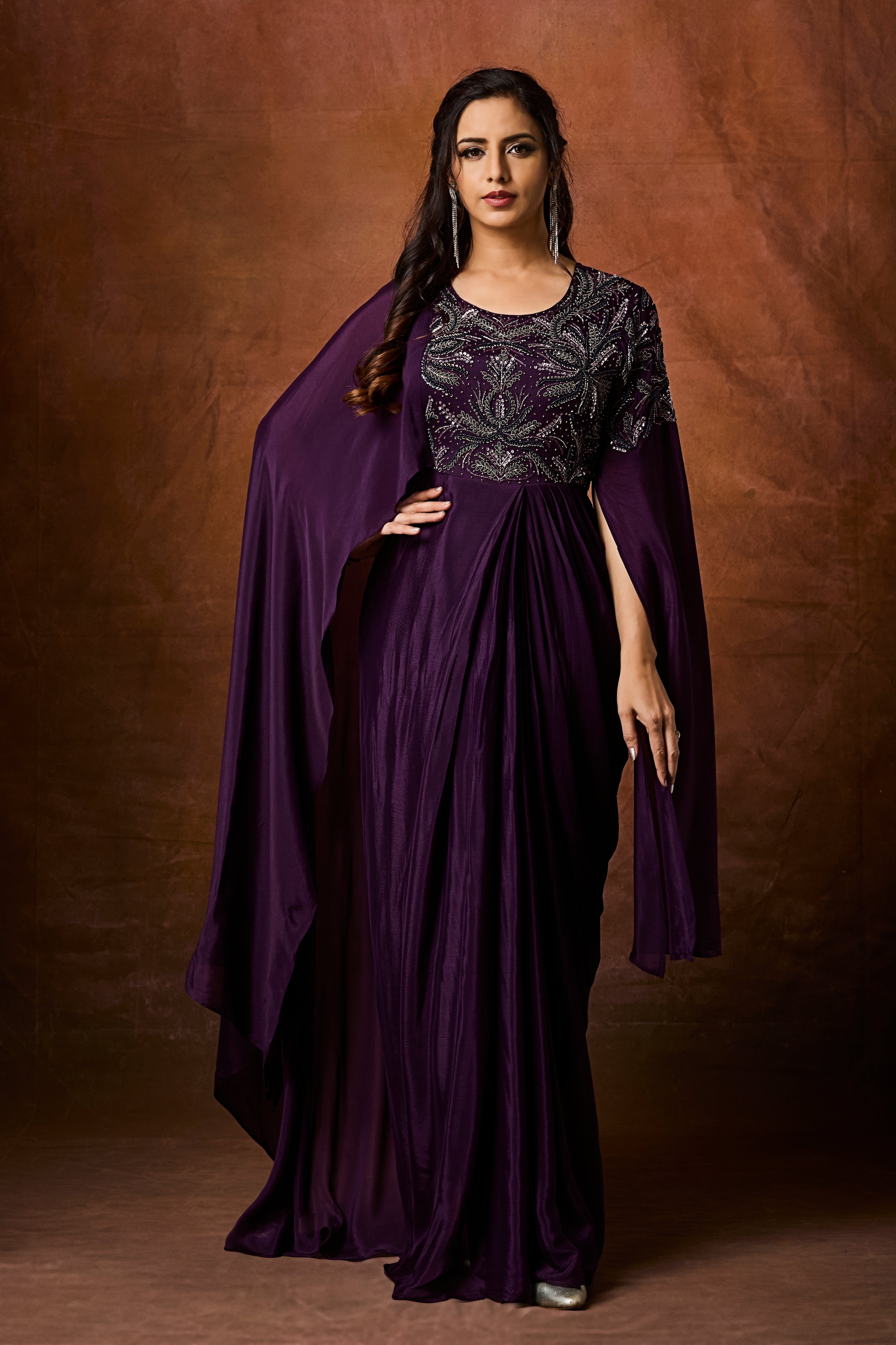 Imperial Plum Embellished Chinon Silk Gown