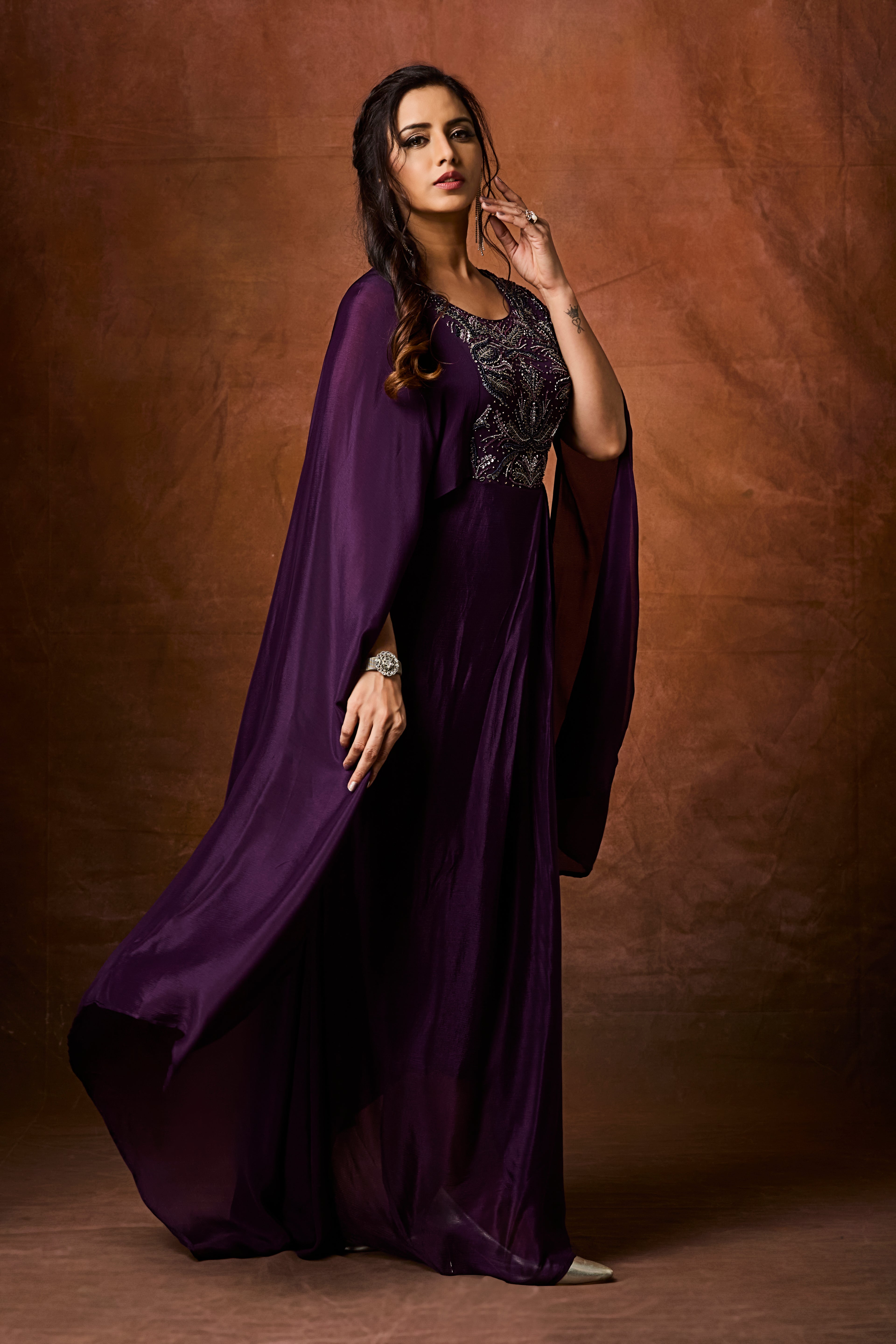 Imperial Plum Embellished Chinon Silk Gown