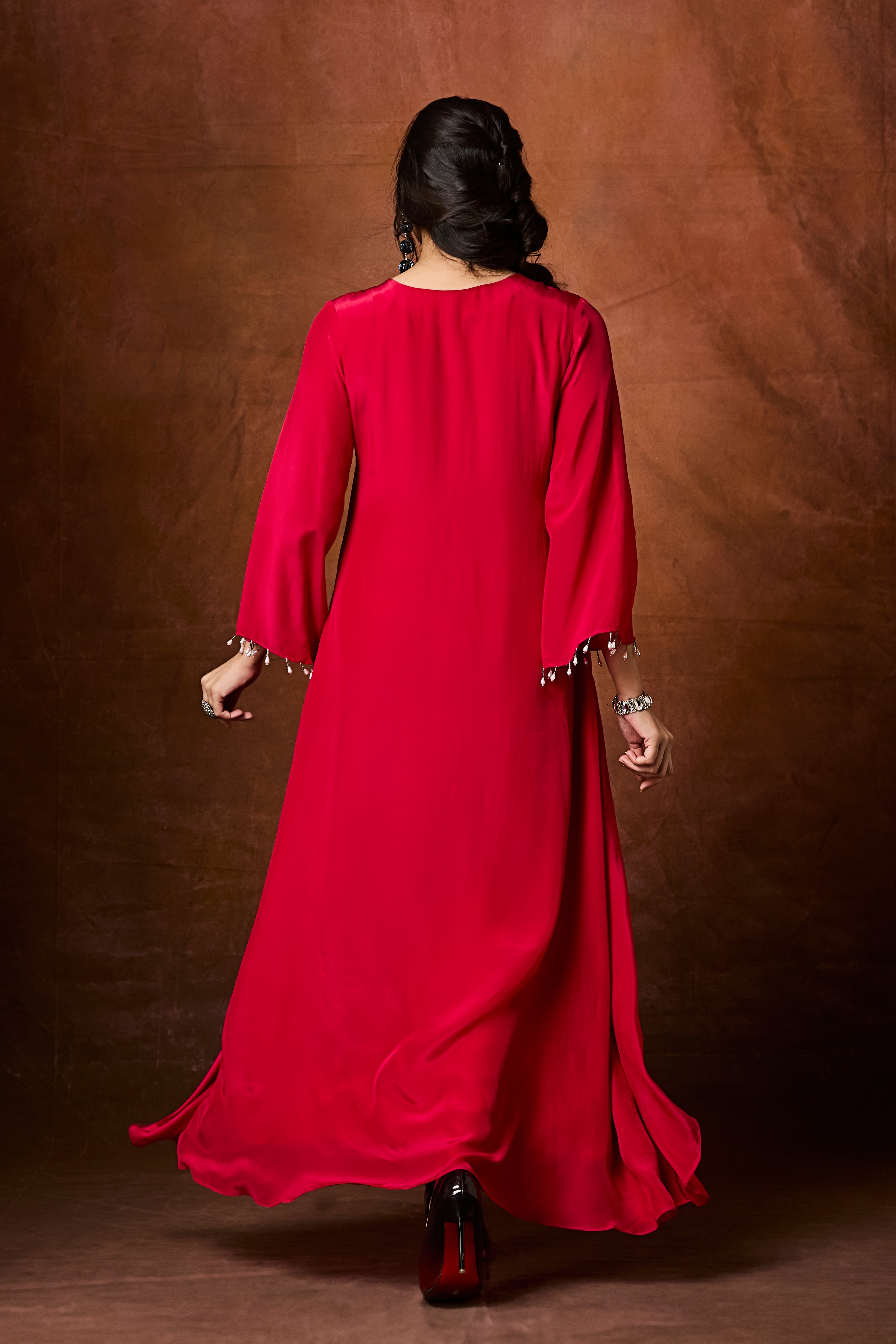 Crimson Red Embellished Chinon Silk Kurta Set