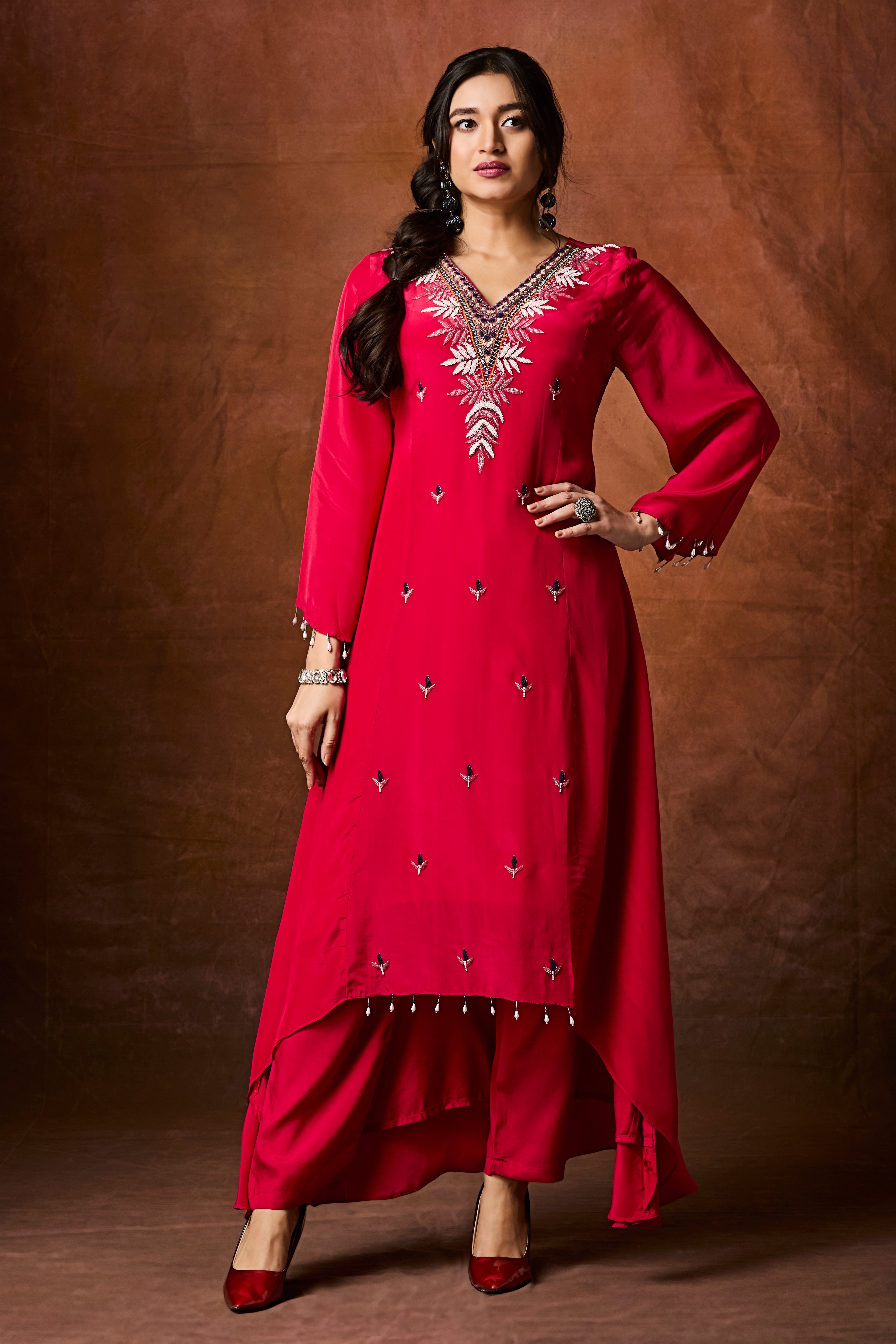 Crimson Red Embellished Chinon Silk Kurta Set