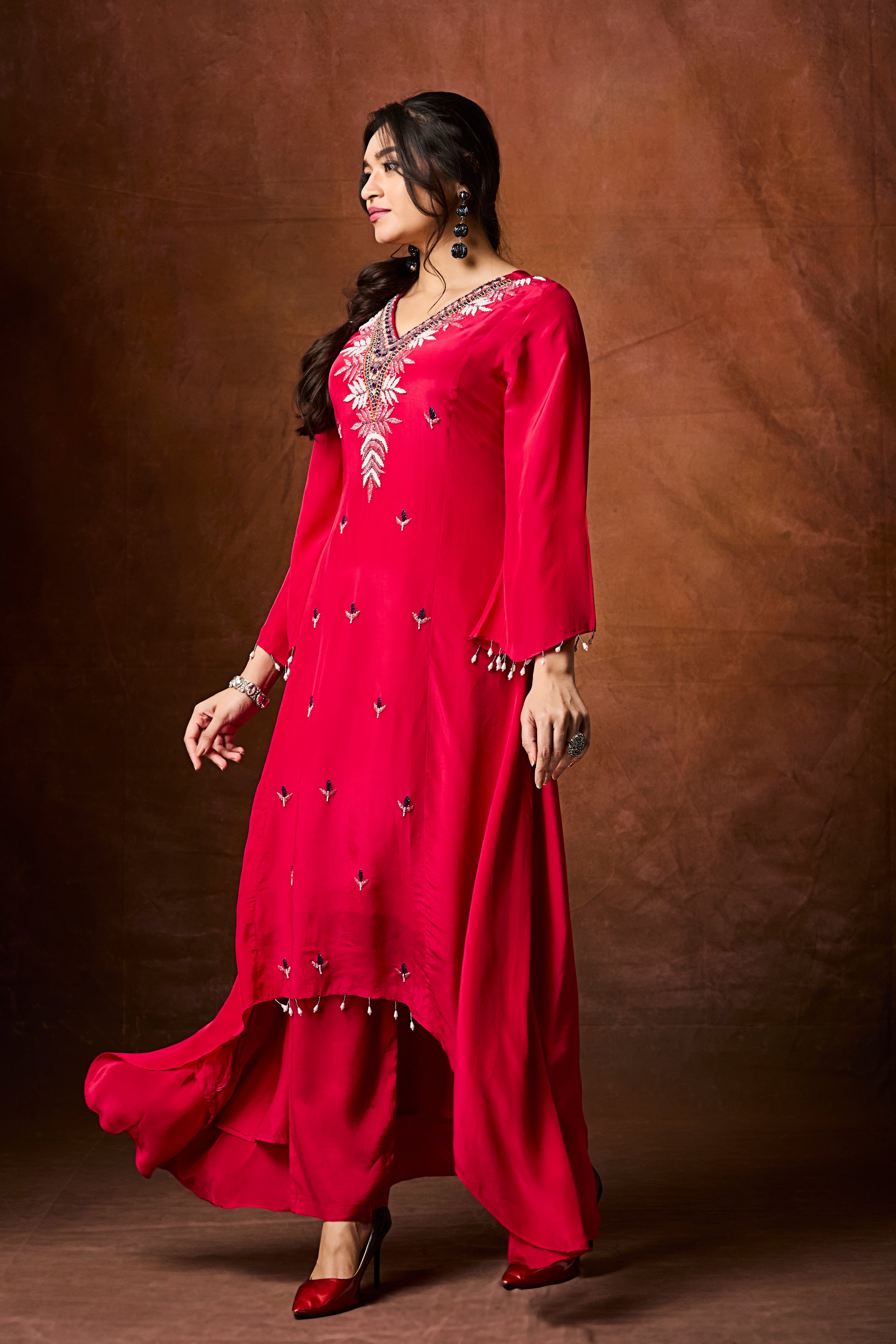 Crimson Red Embellished Chinon Silk Kurta Set