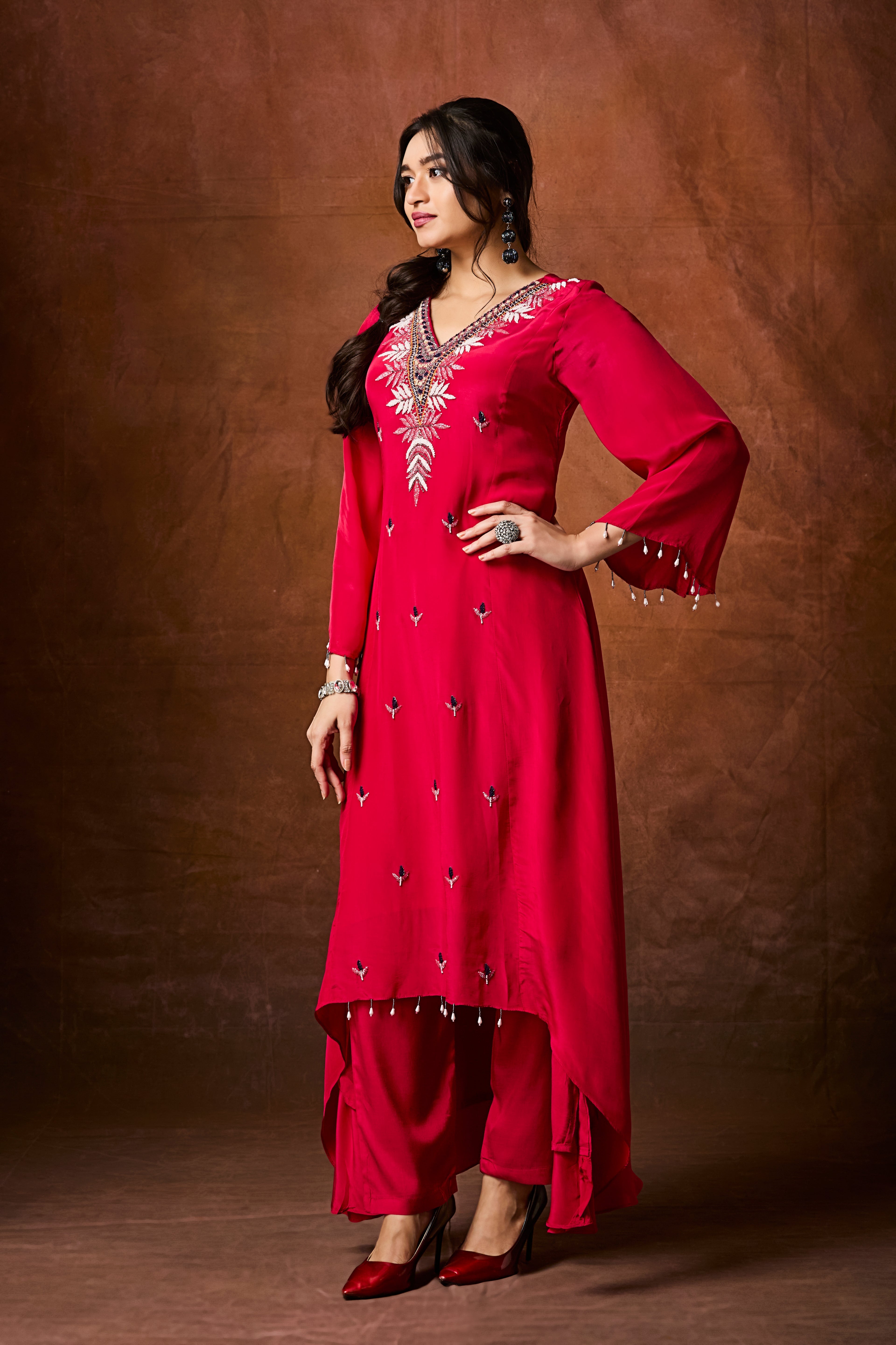 Crimson Red Embellished Chinon Silk Kurta Set
