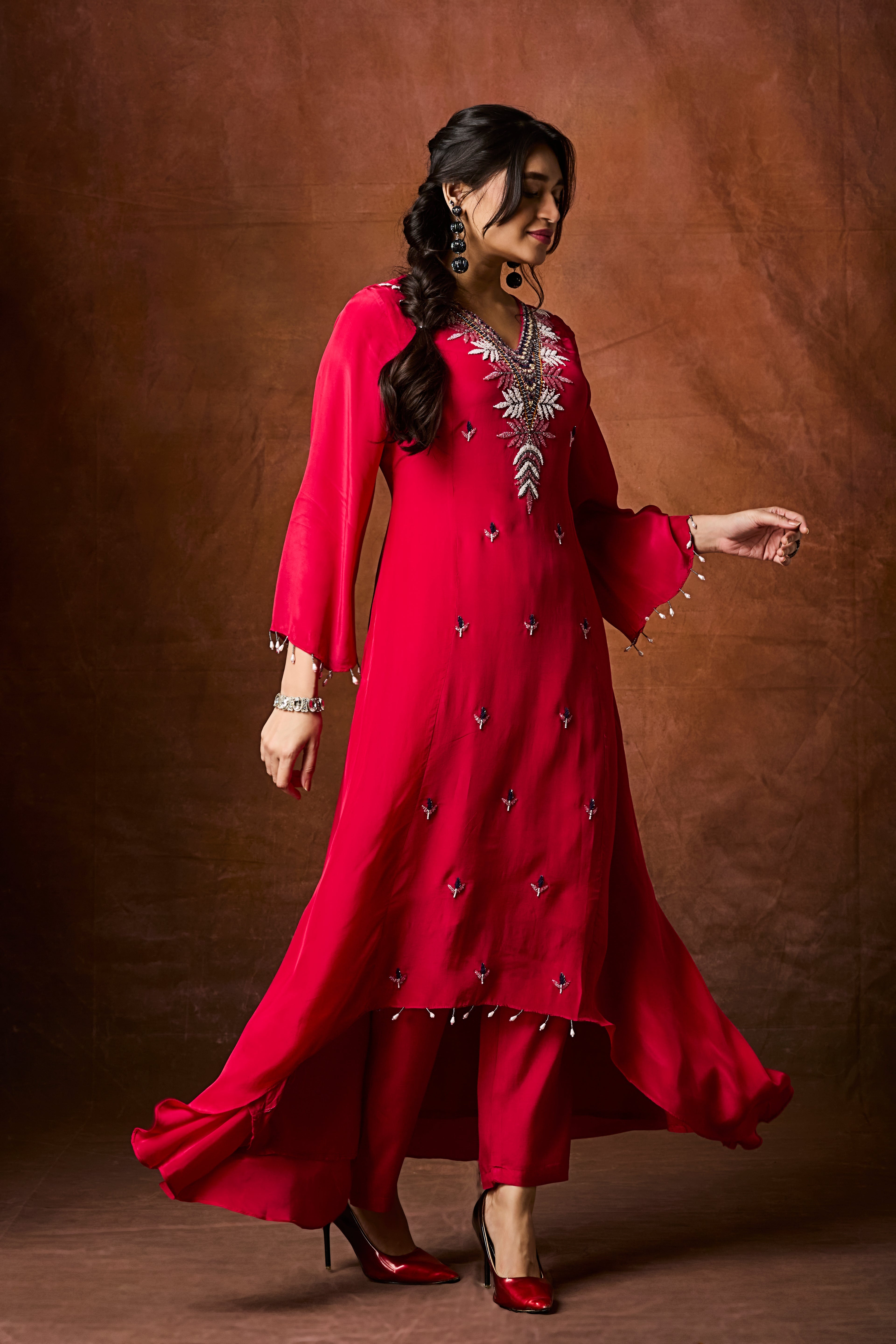 Crimson Red Embellished Chinon Silk Kurta Set
