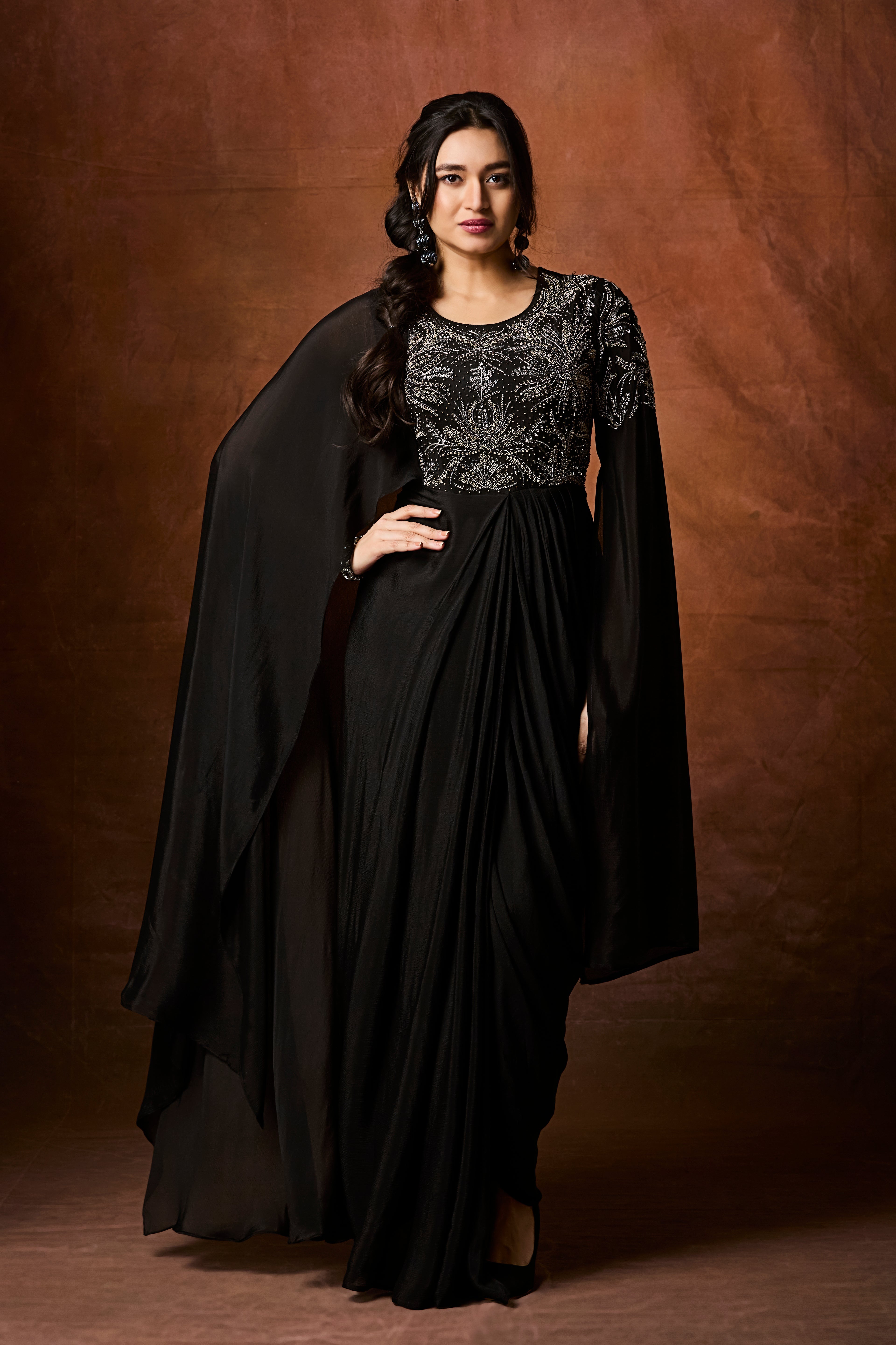 Chic Black Embellished Chinon Silk Gown