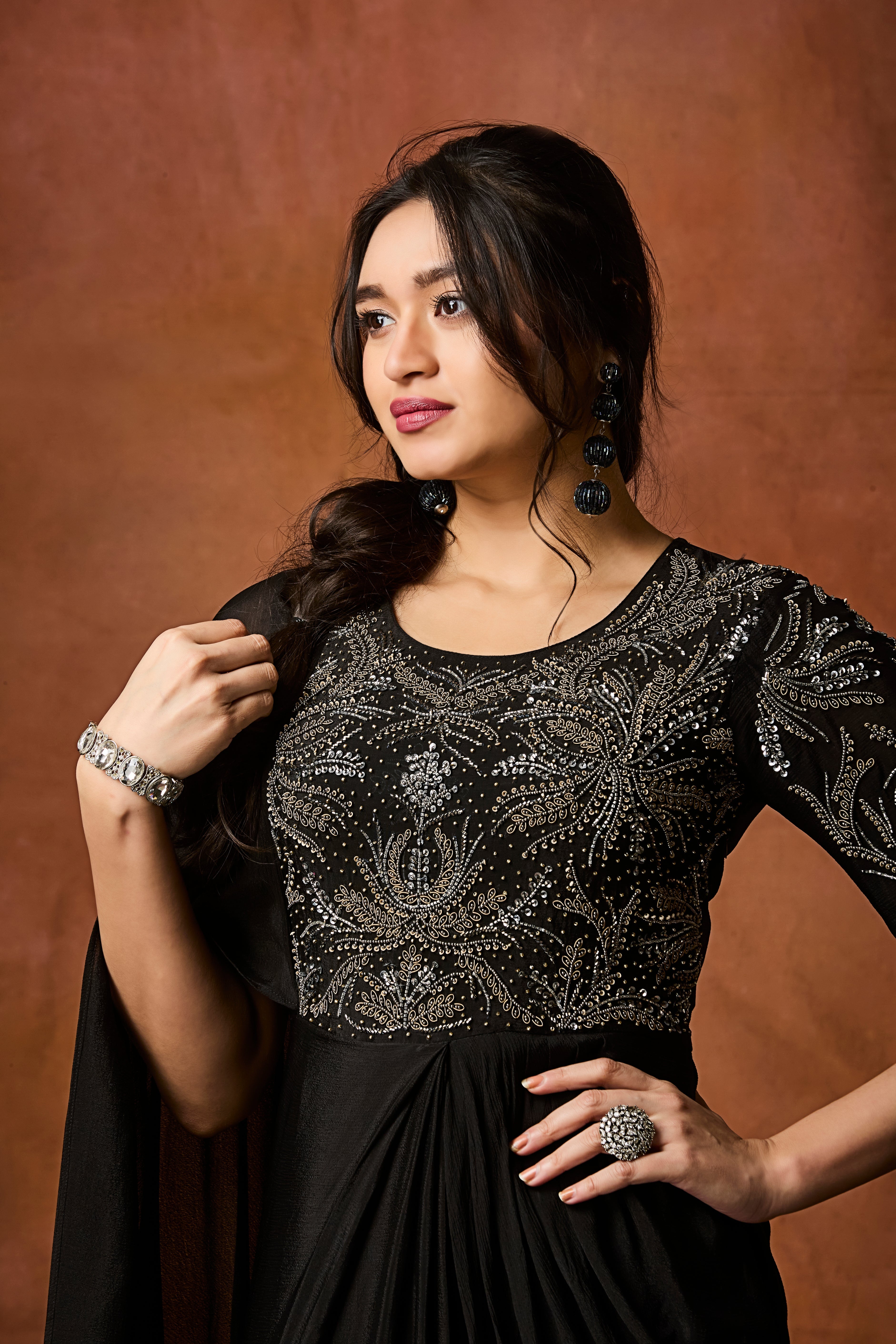 Chic Black Embellished Chinon Silk Gown