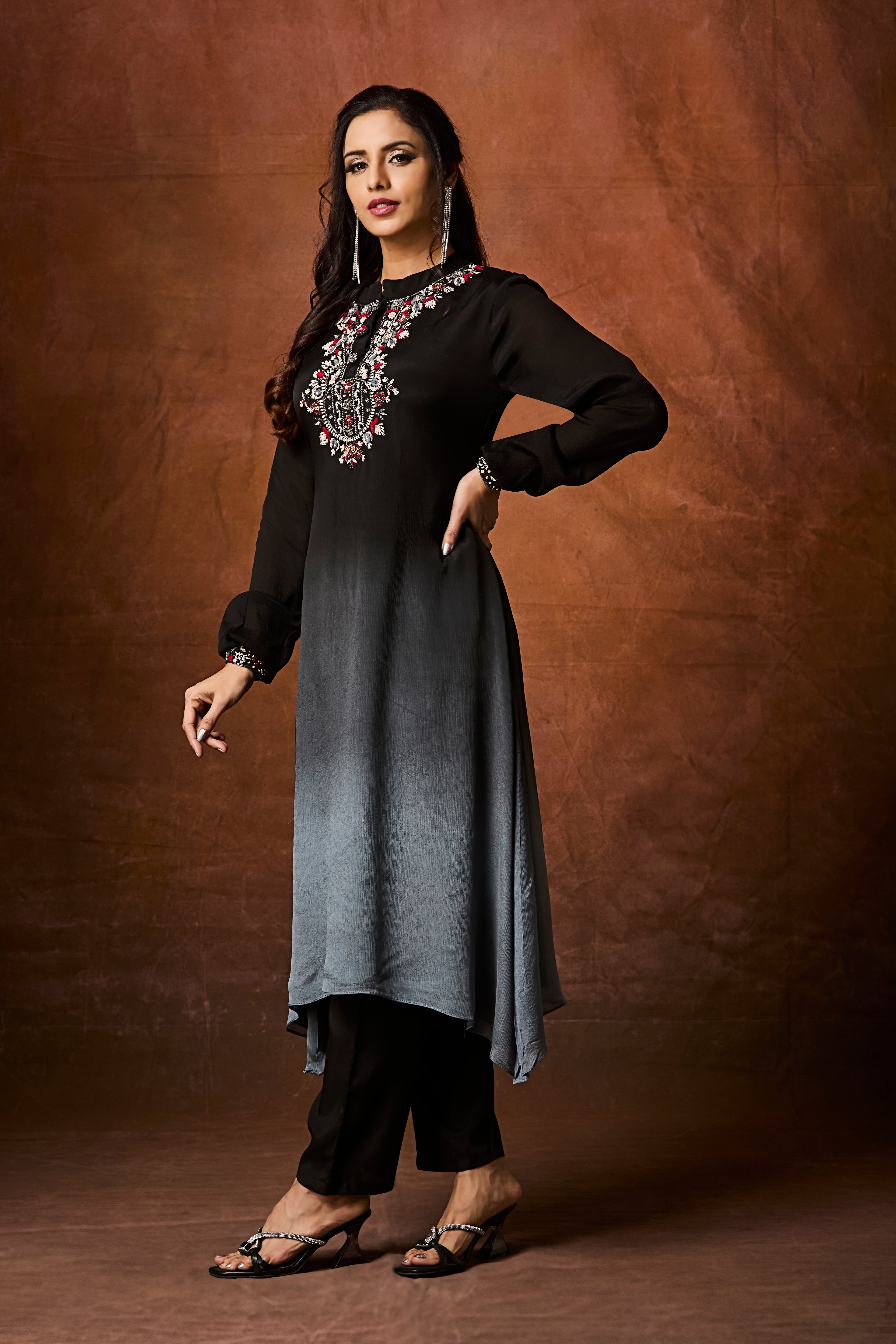 Black and Grey Ombre Chinon Silk Kurta Set