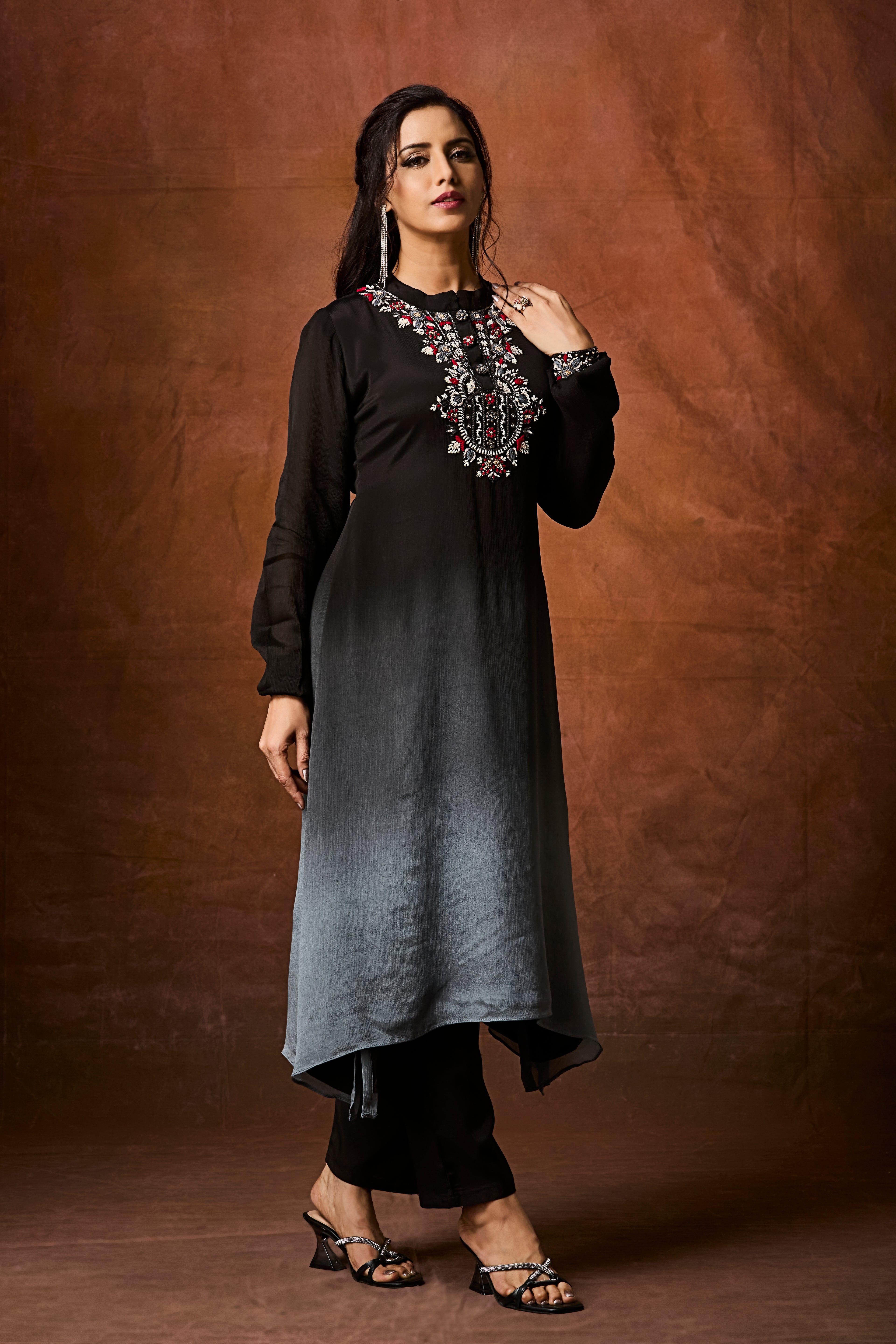 Black and Grey Ombre Chinon Silk Kurta Set
