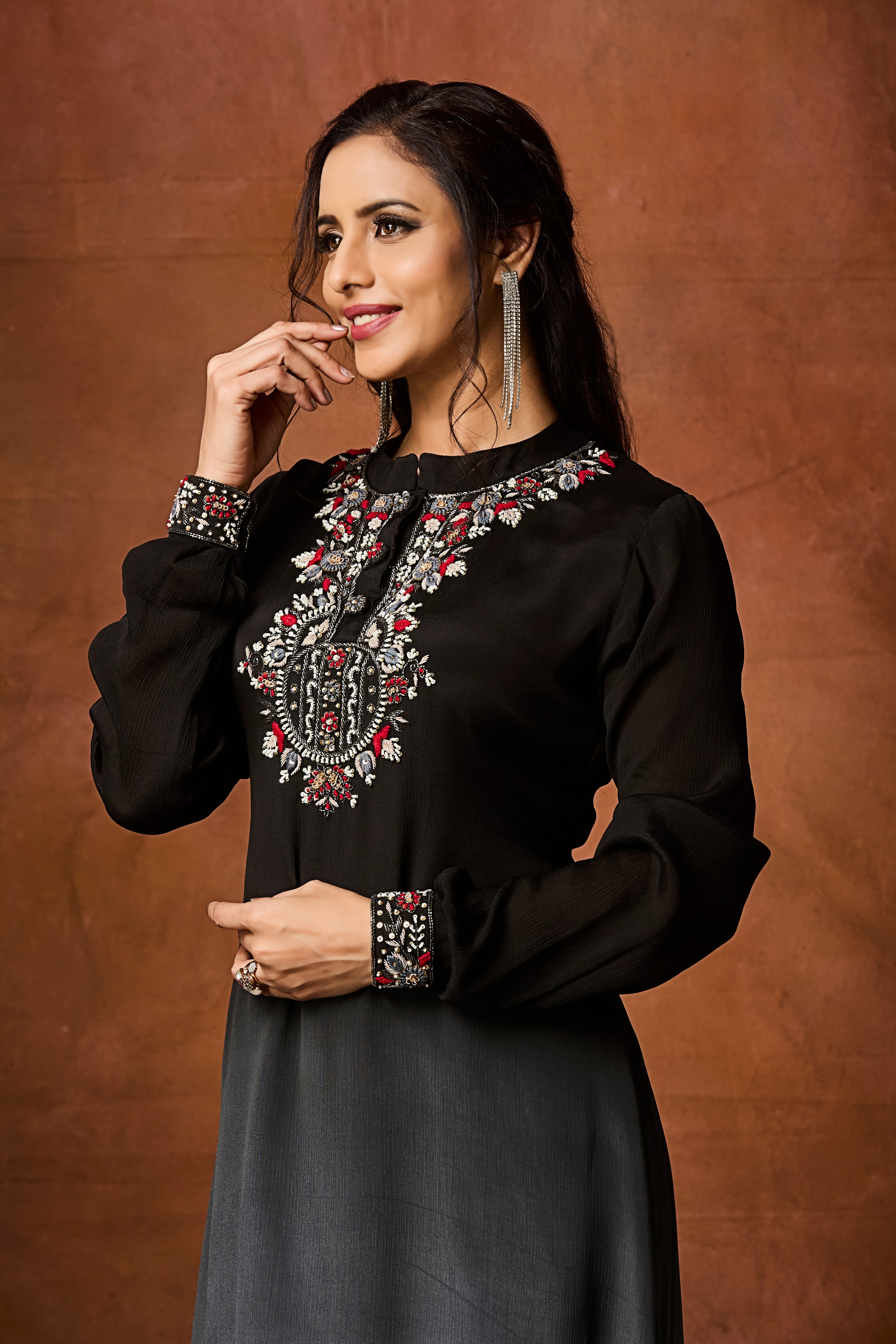 Black and Grey Ombre Chinon Silk Kurta Set