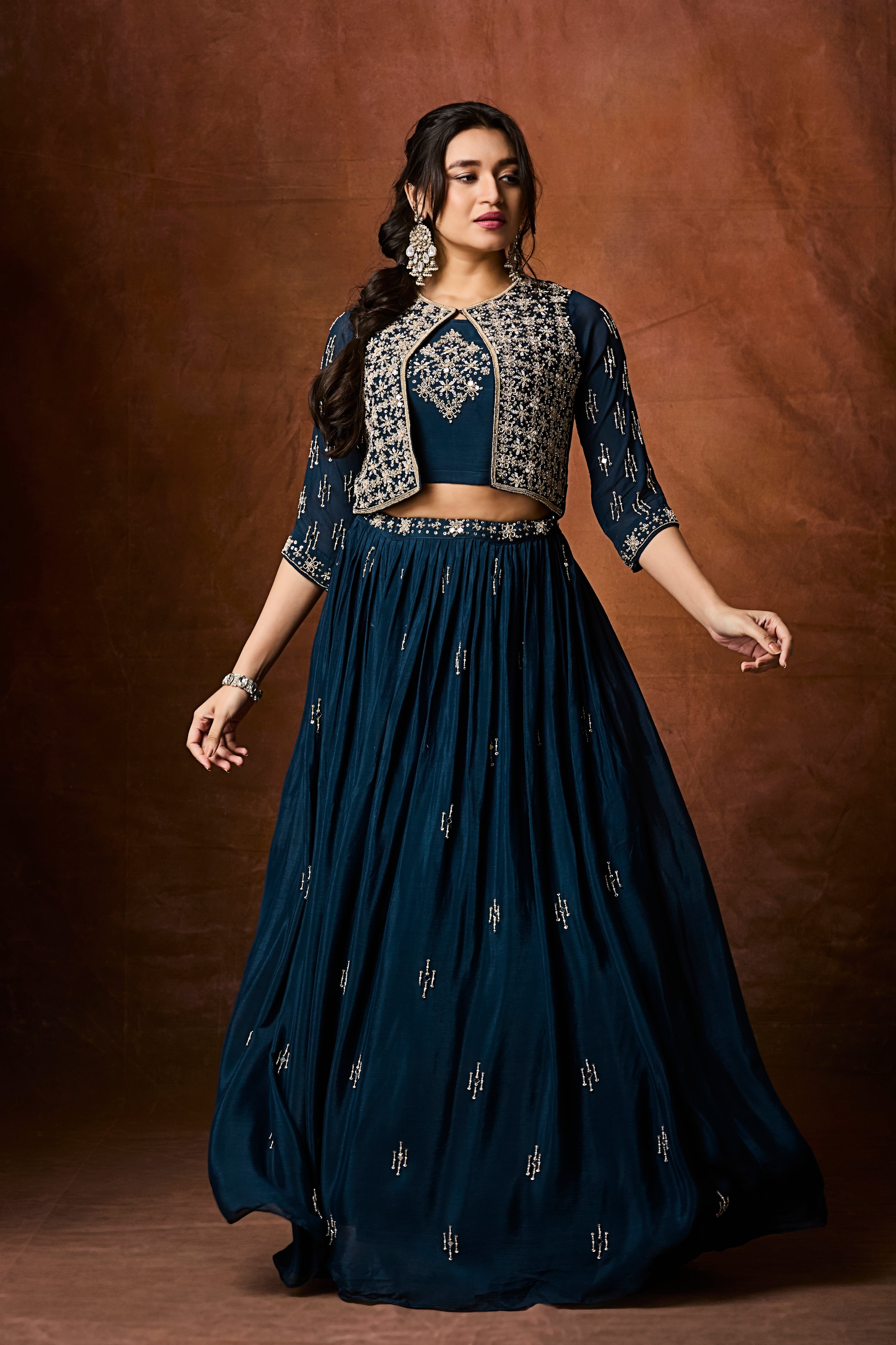 Deep Teal Embellished Chinon Silk Skirt Set