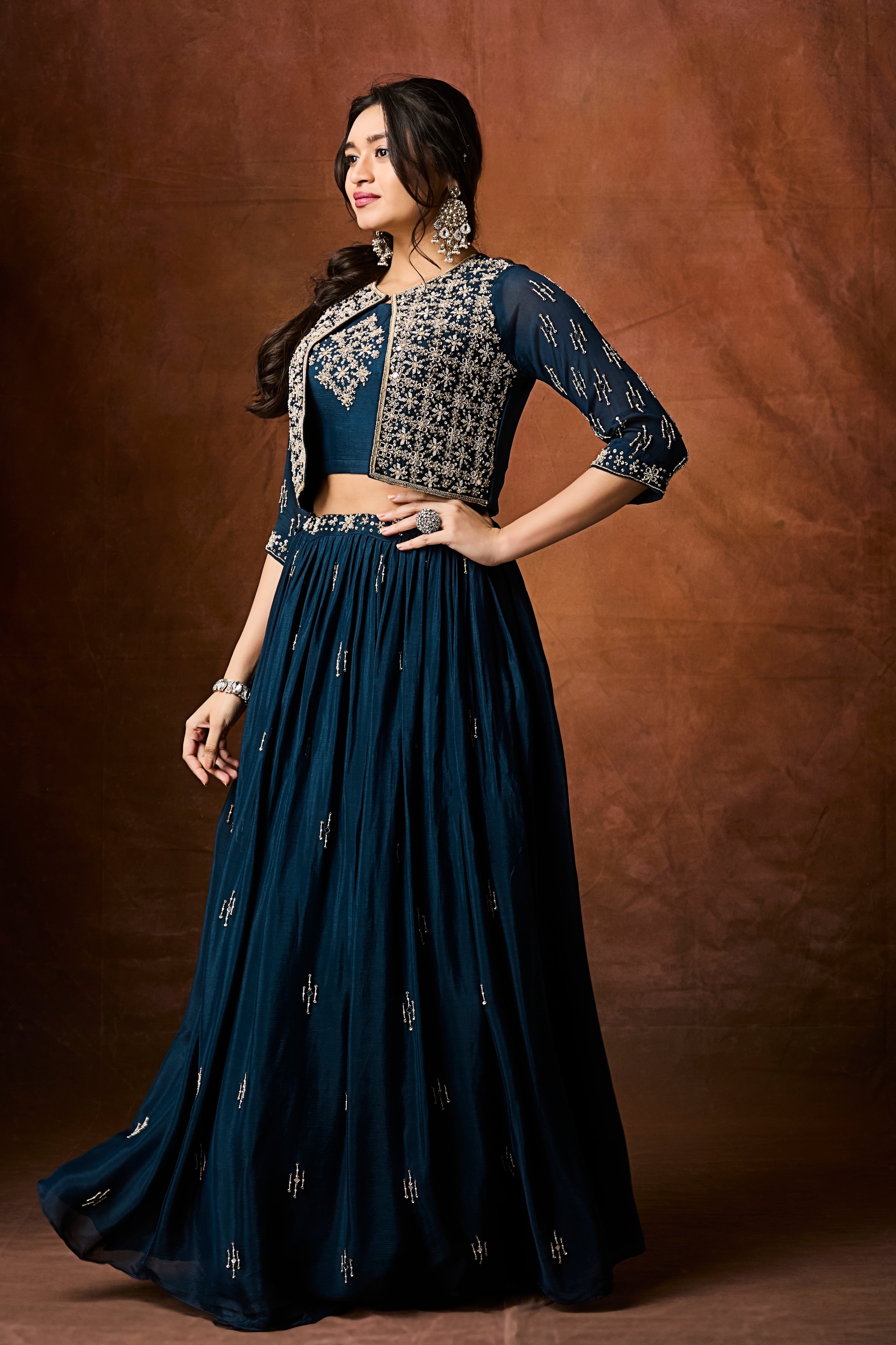 Deep Teal Embellished Chinon Silk Skirt Set