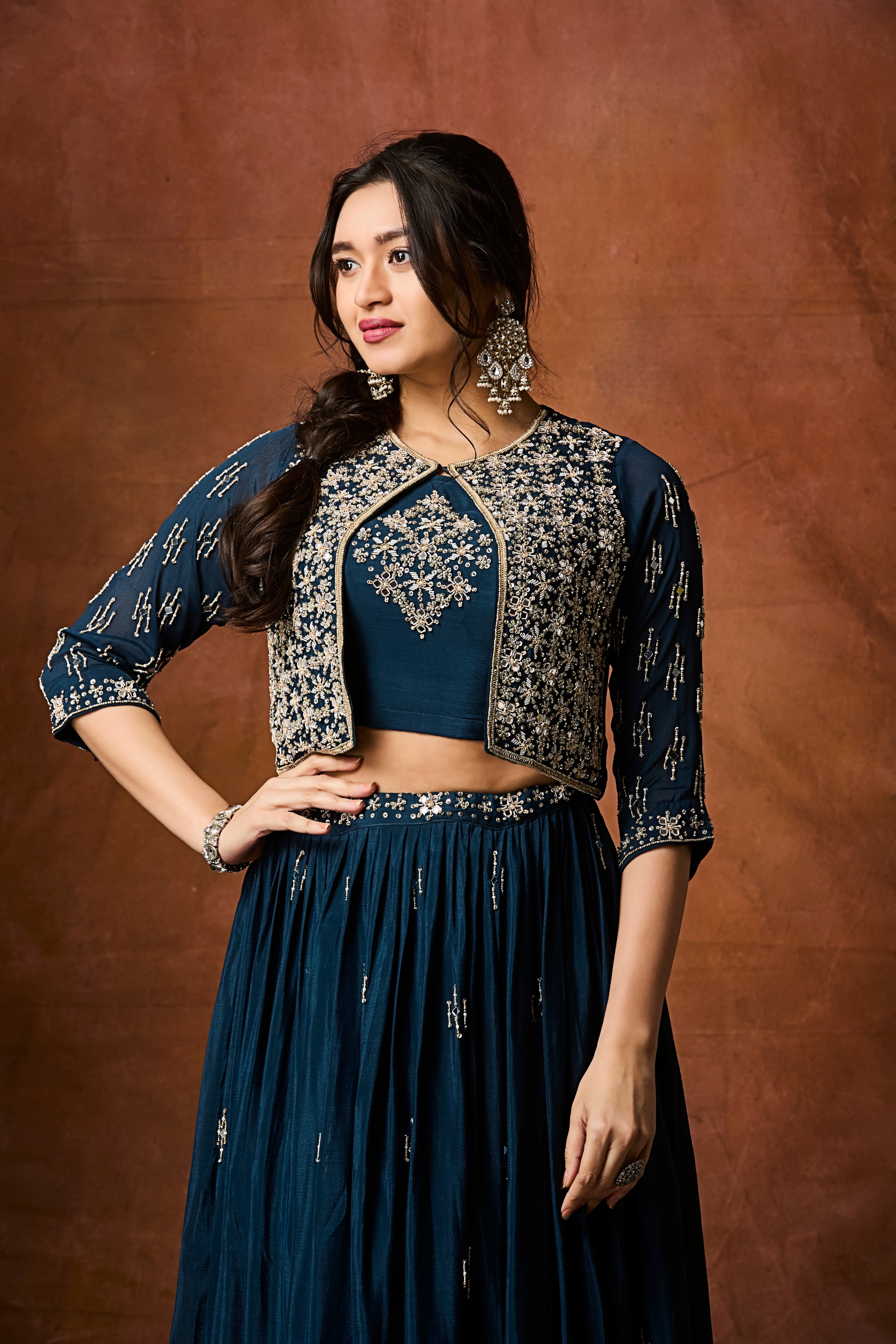 Deep Teal Embellished Chinon Silk Skirt Set