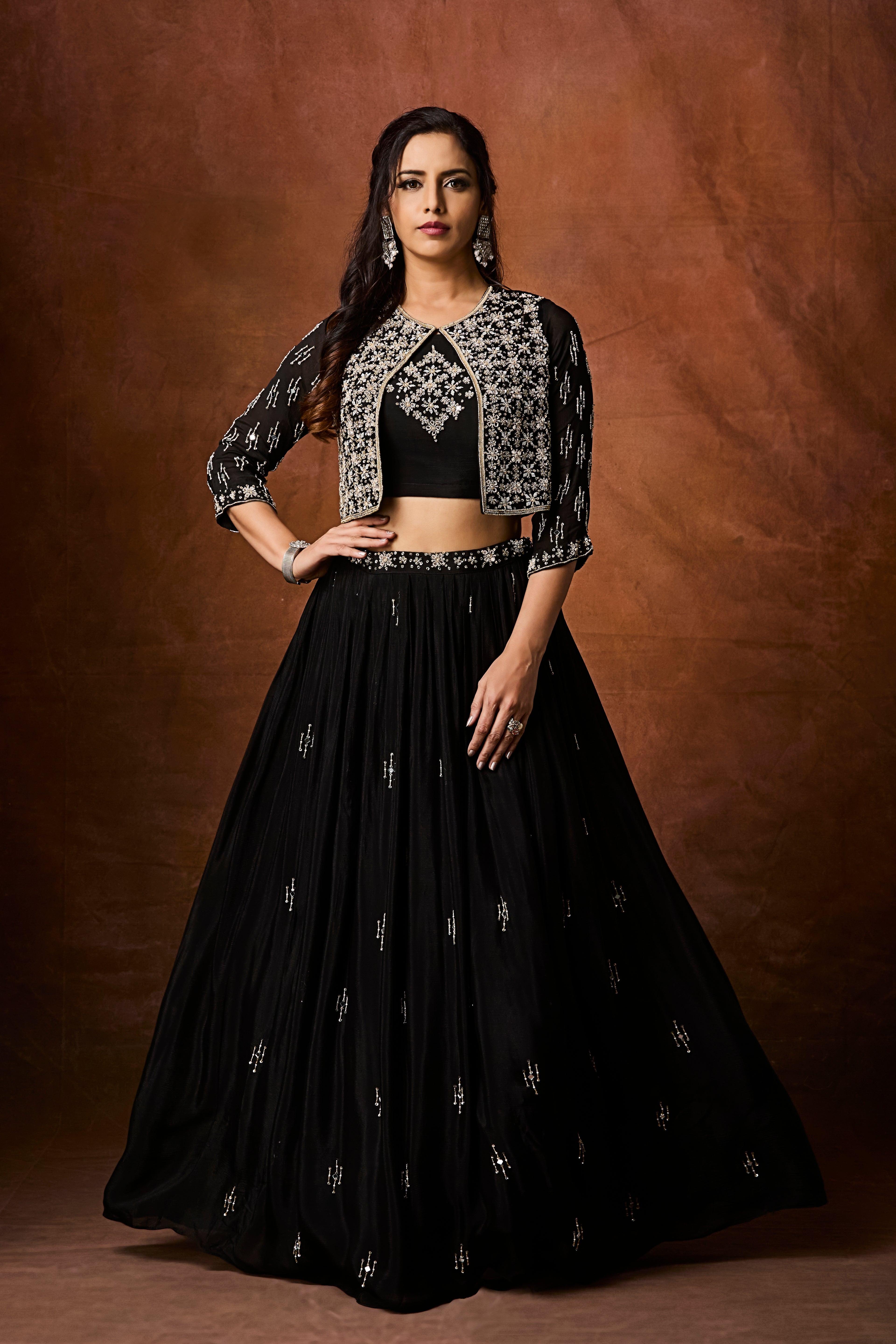 Jet Black Embellished Chinon Silk Skirt Set