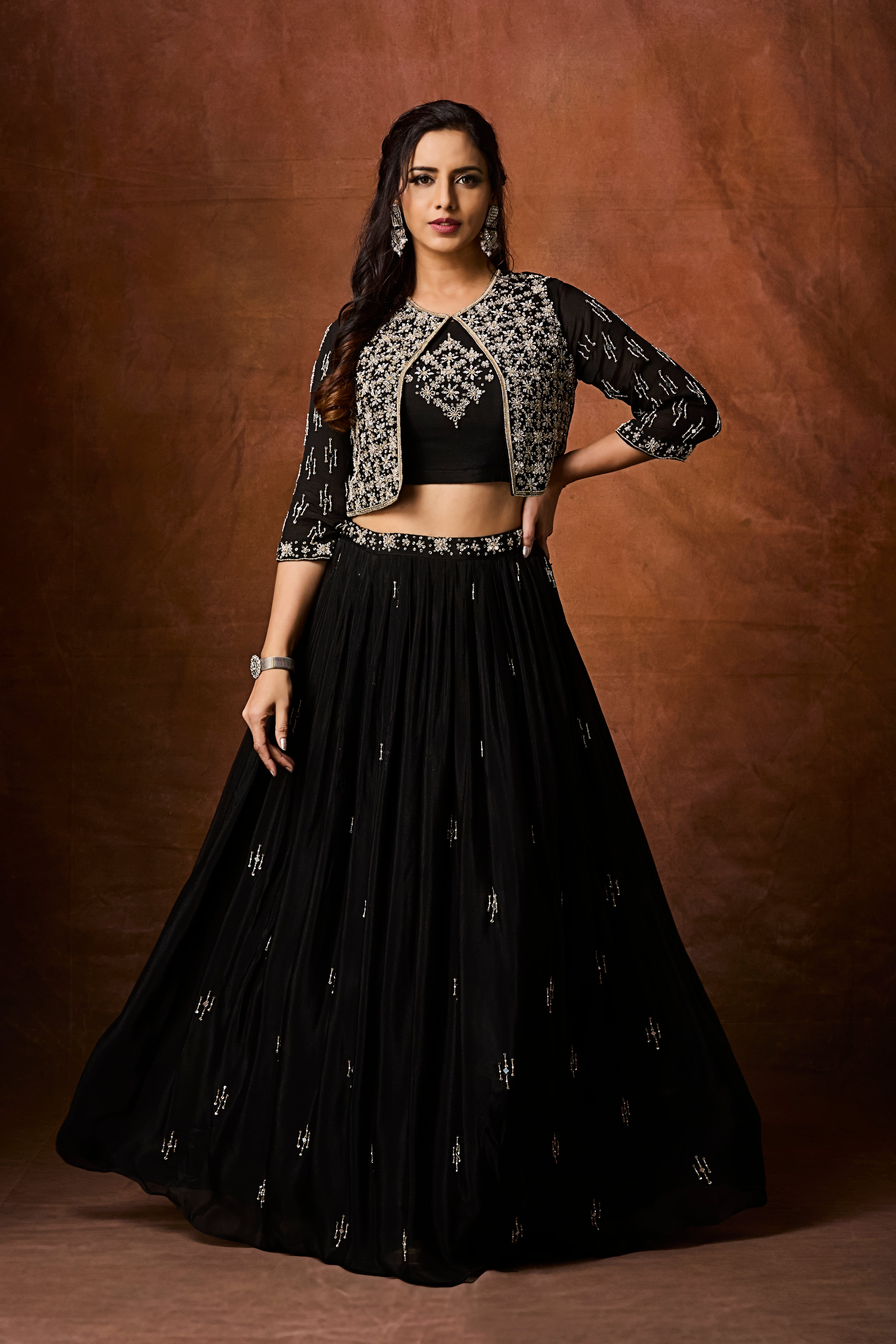 Jet Black Embellished Chinon Silk Skirt Set