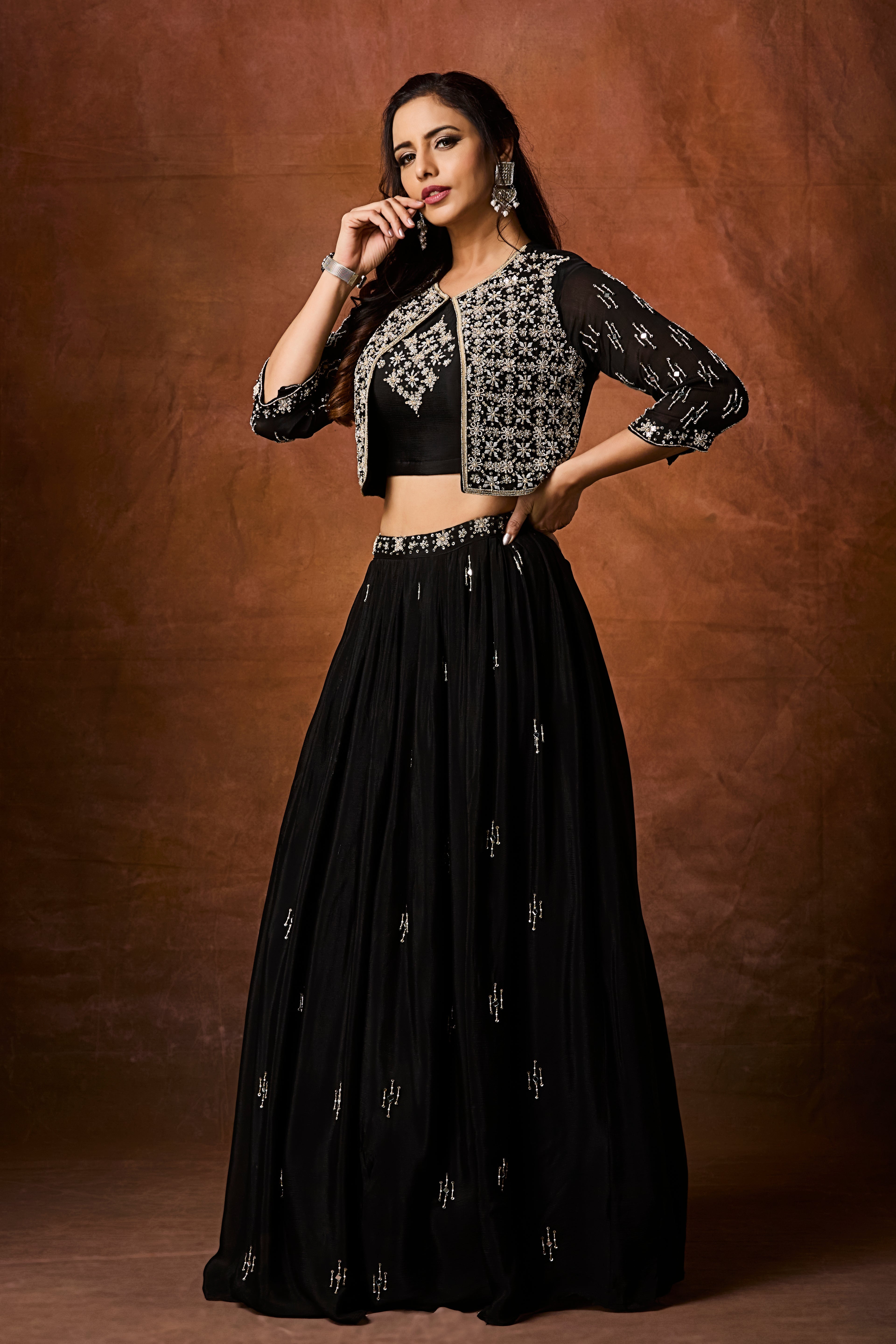 Jet Black Embellished Chinon Silk Skirt Set
