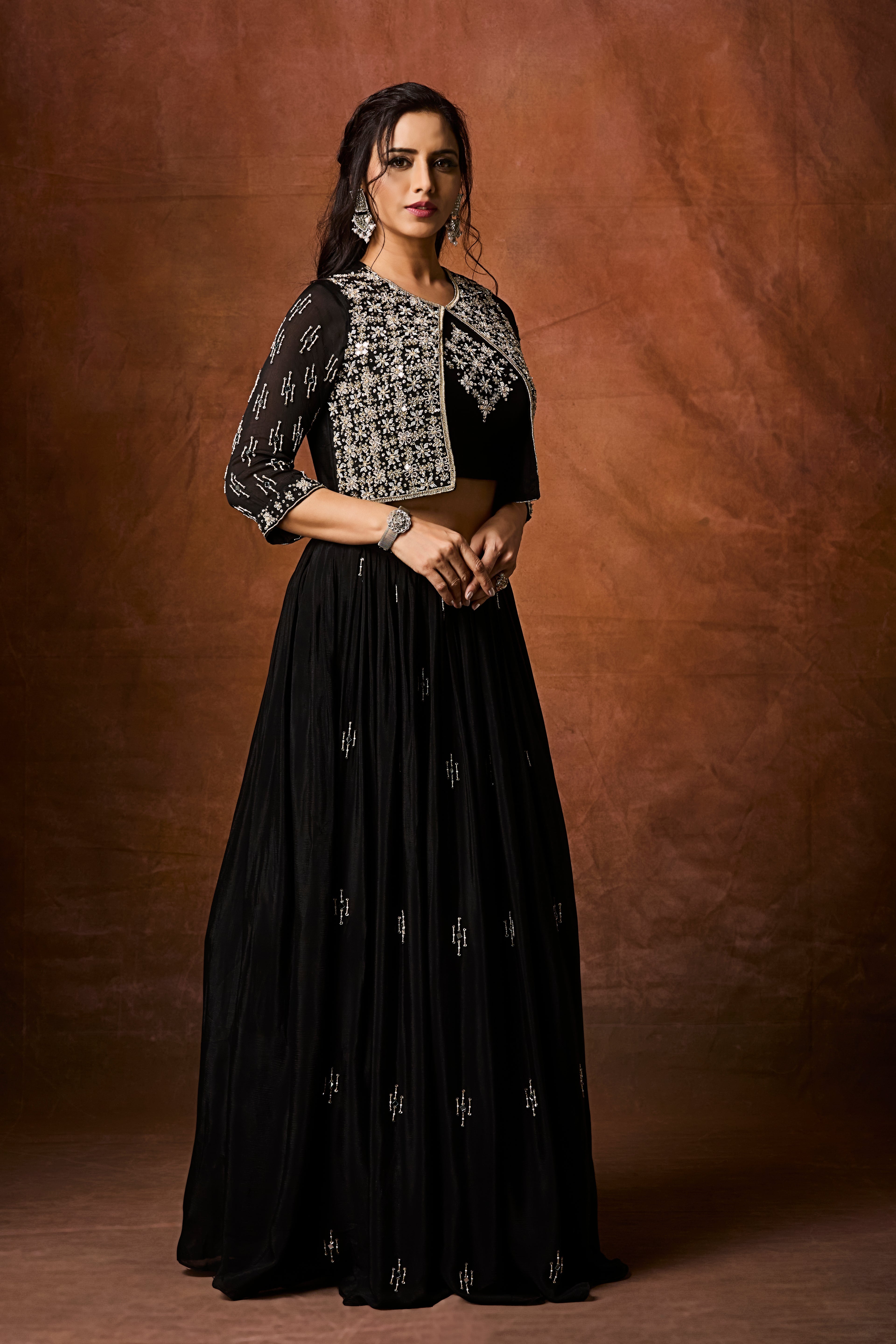 Jet Black Embellished Chinon Silk Skirt Set