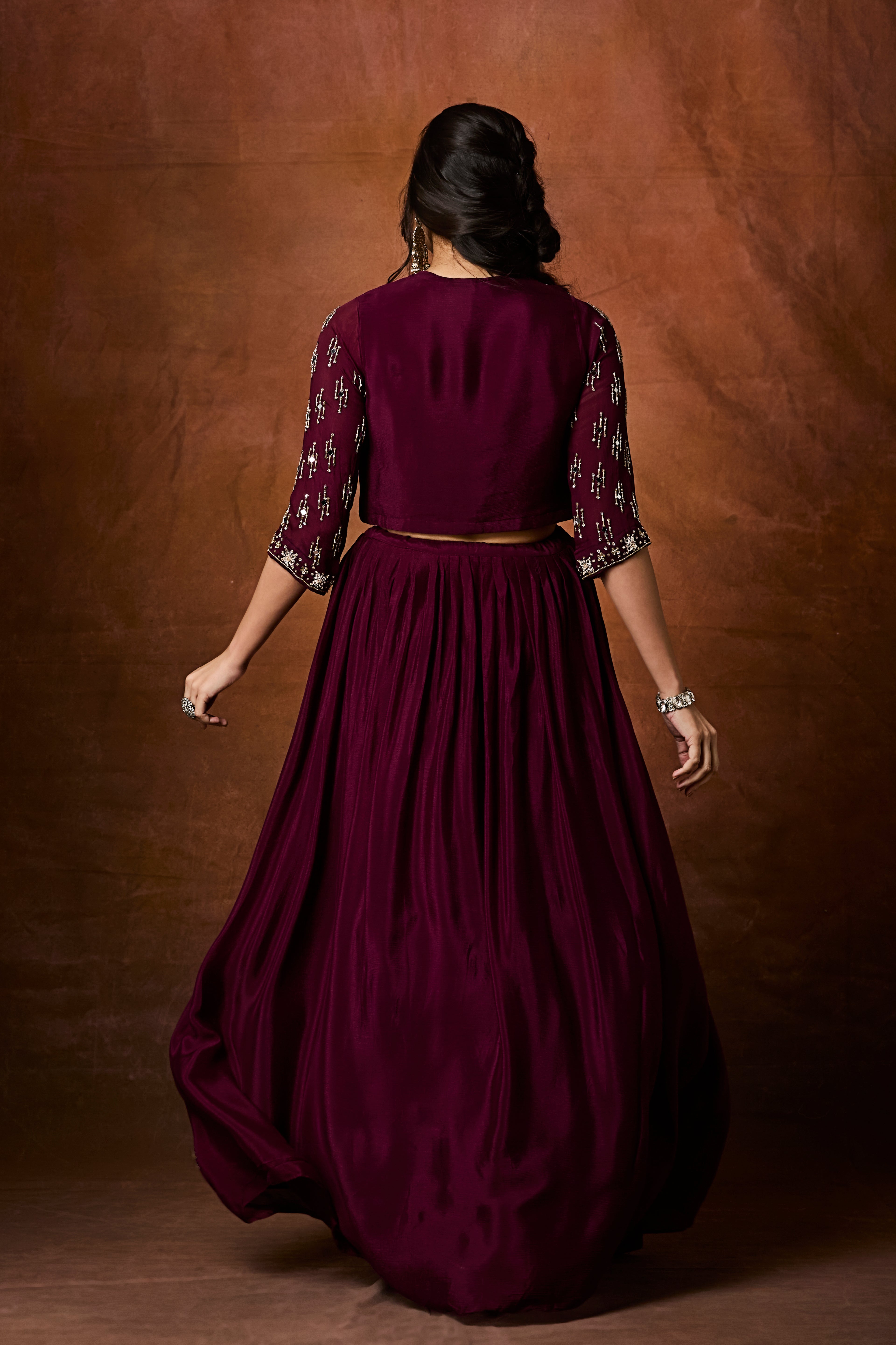 Deep Wine Embellished Chinon Silk Skirt Set