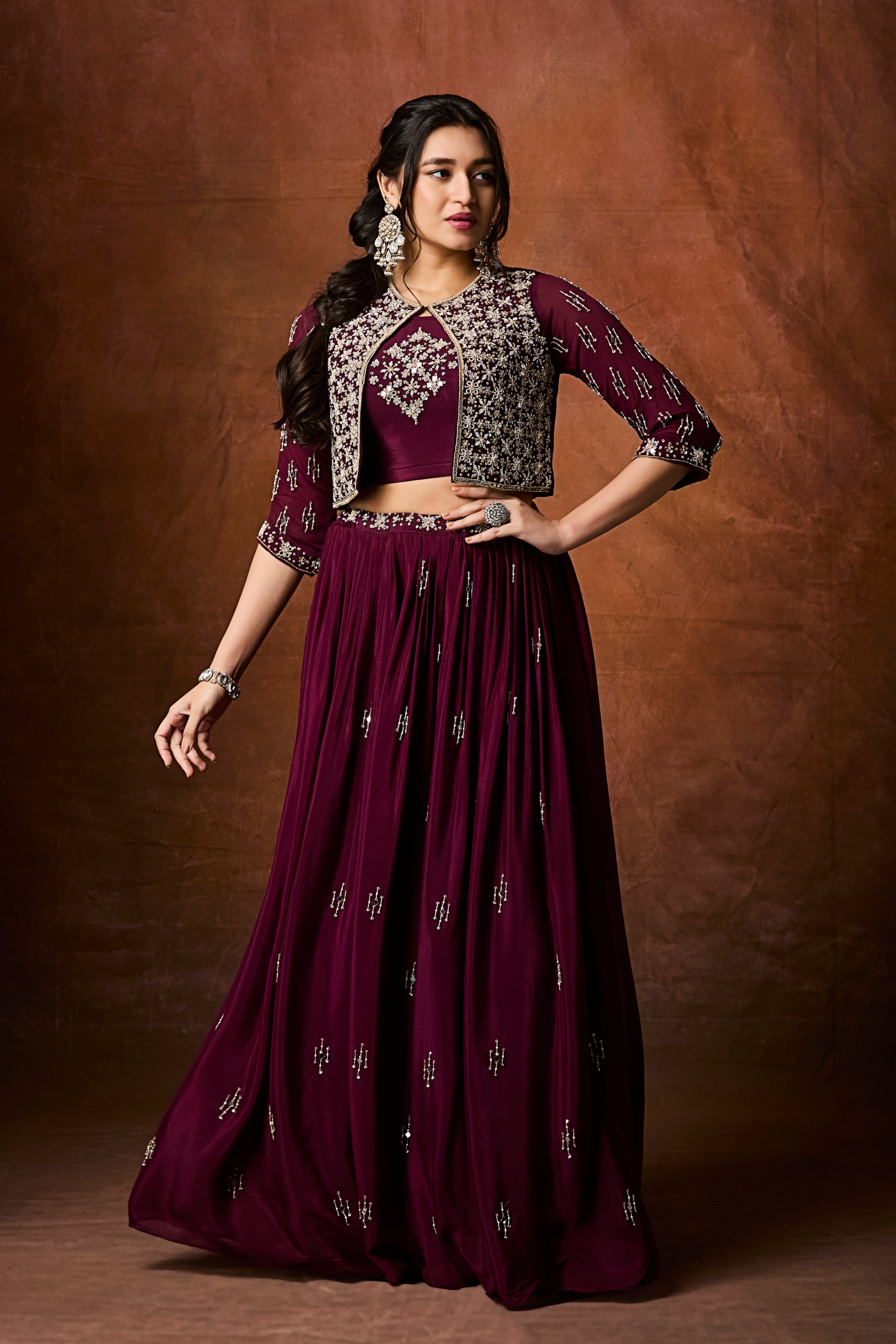 Deep Wine Embellished Chinon Silk Skirt Set
