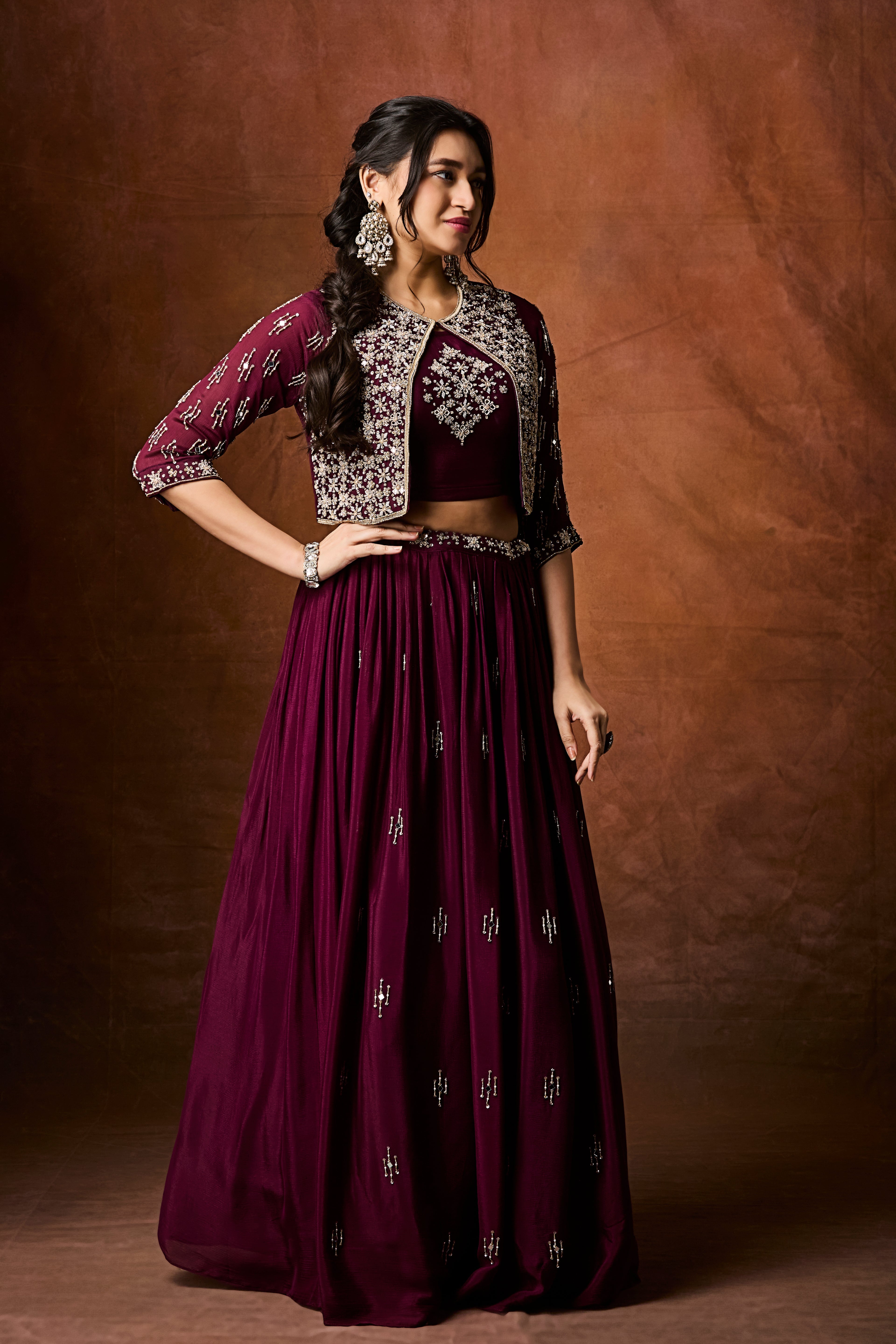 Deep Wine Embellished Chinon Silk Skirt Set