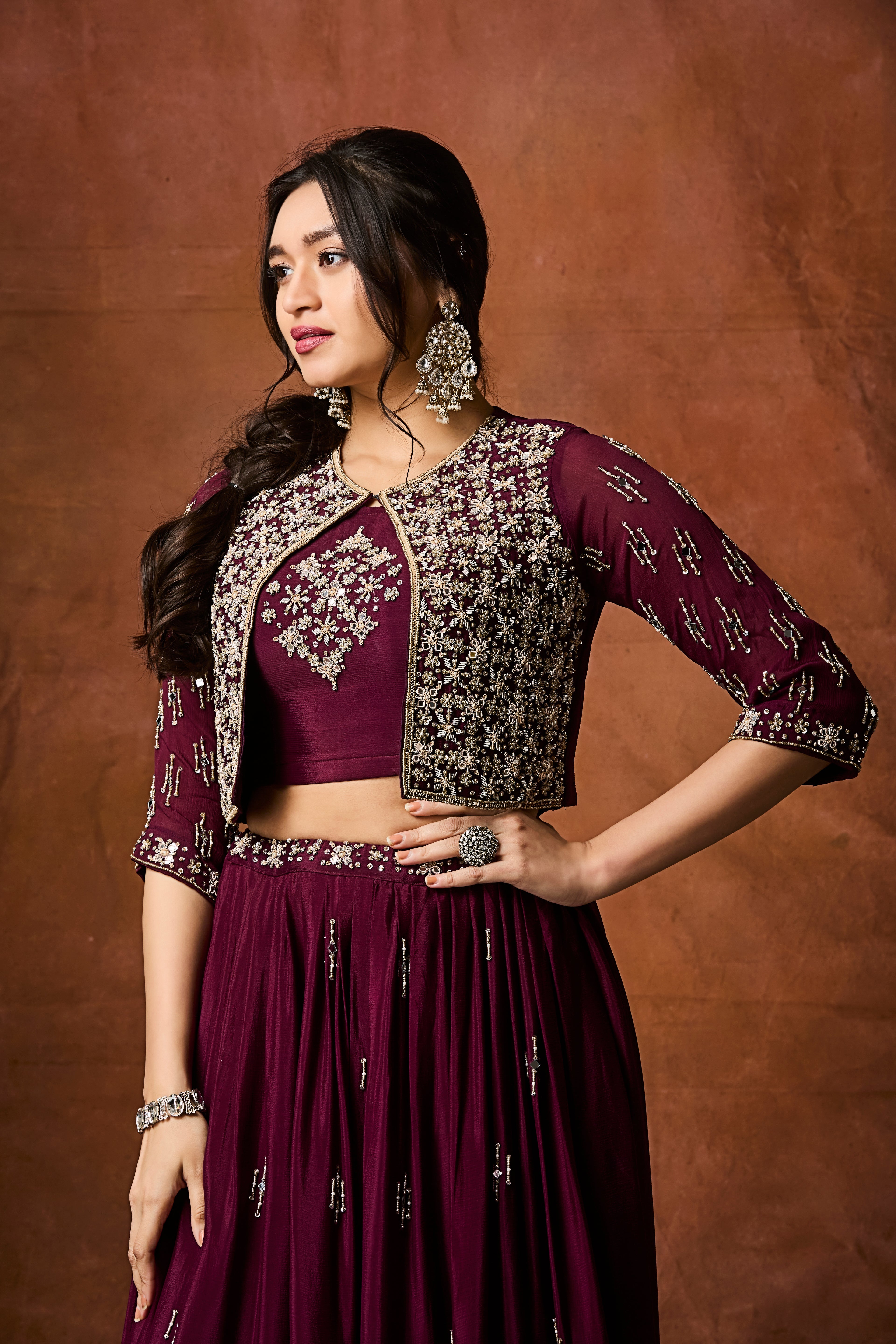 Deep Wine Embellished Chinon Silk Skirt Set