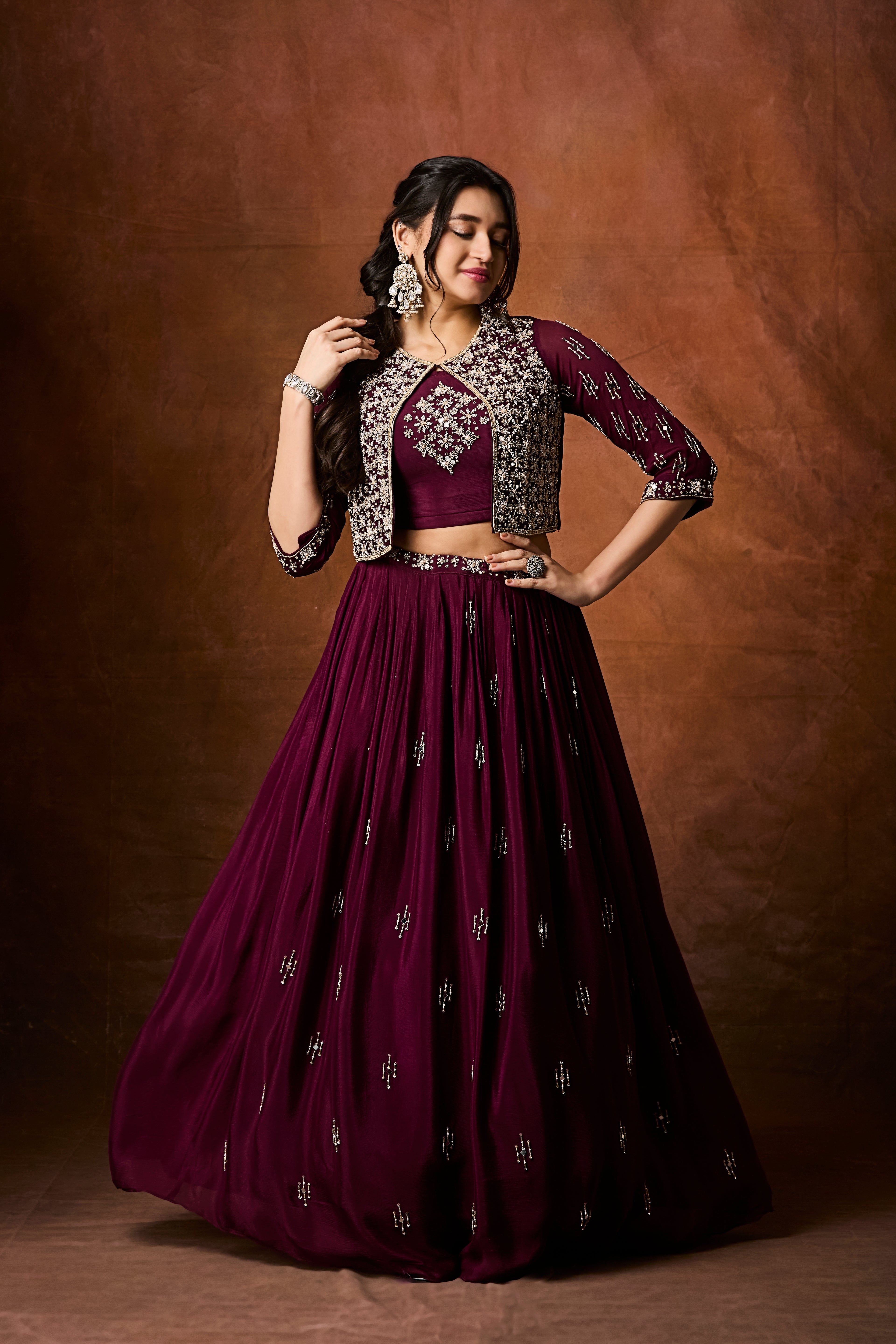 Deep Wine Embellished Chinon Silk Skirt Set