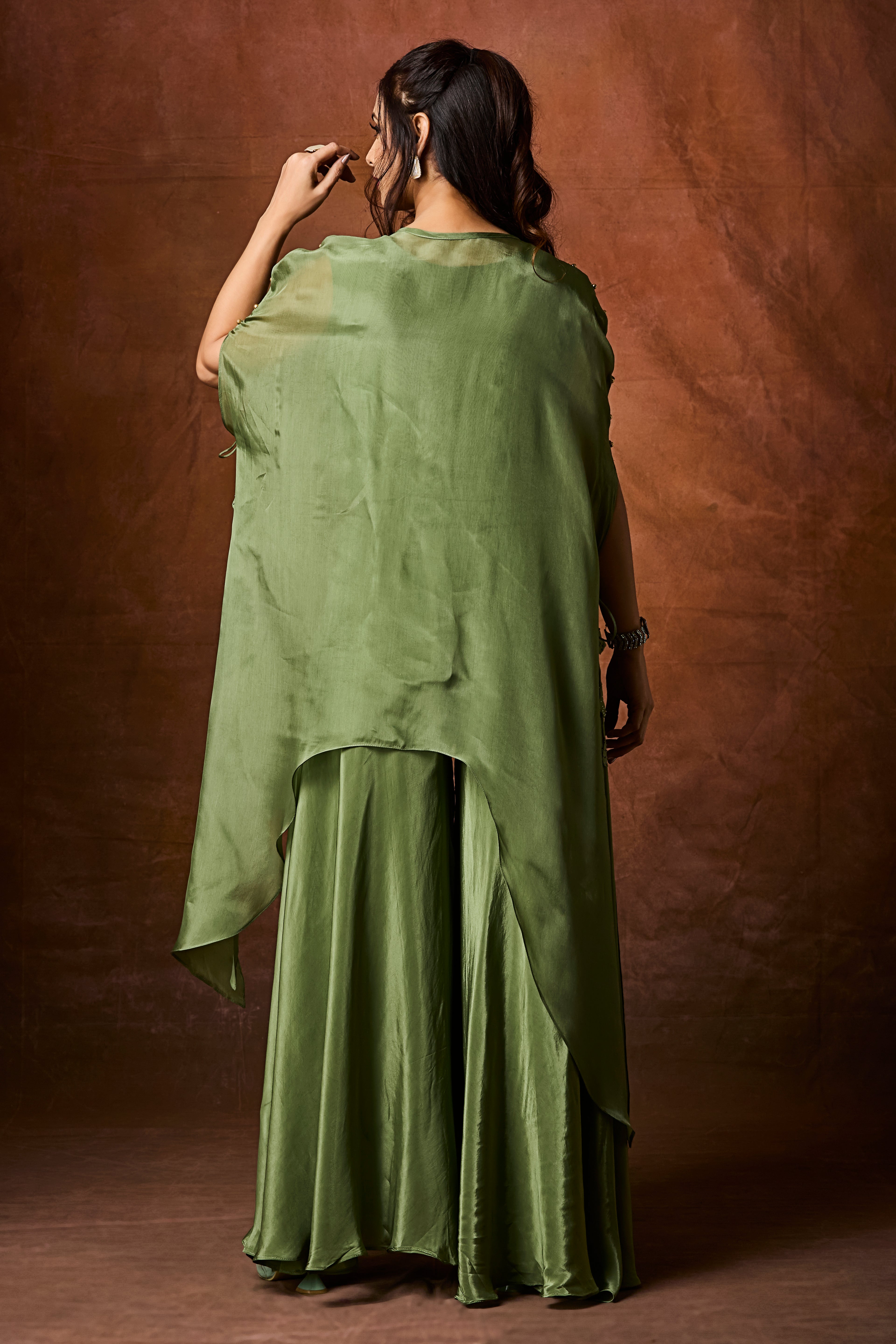 Dusty Green Embellished Organza Silk Kaftan Set