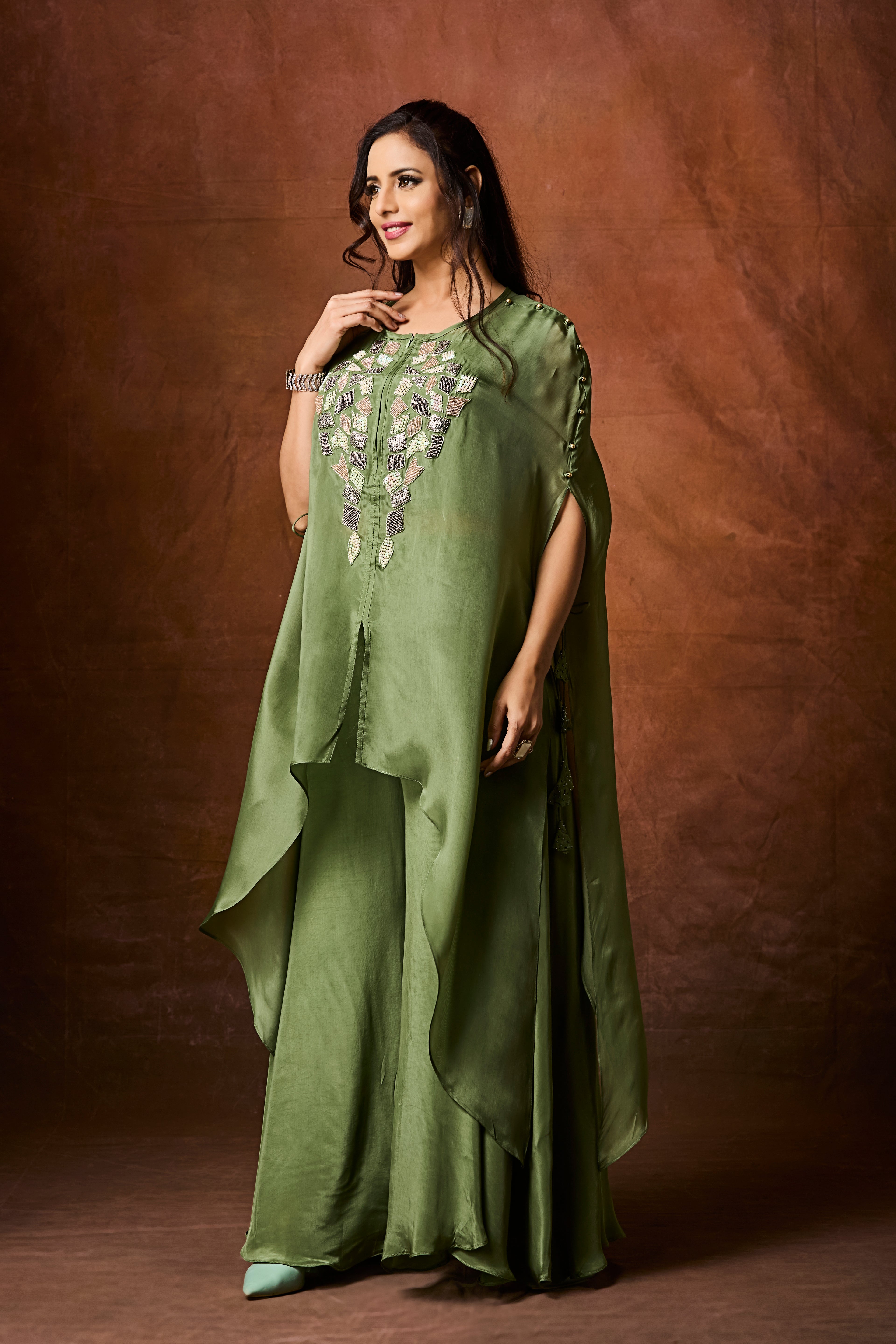 Dusty Green Embellished Organza Silk Kaftan Set