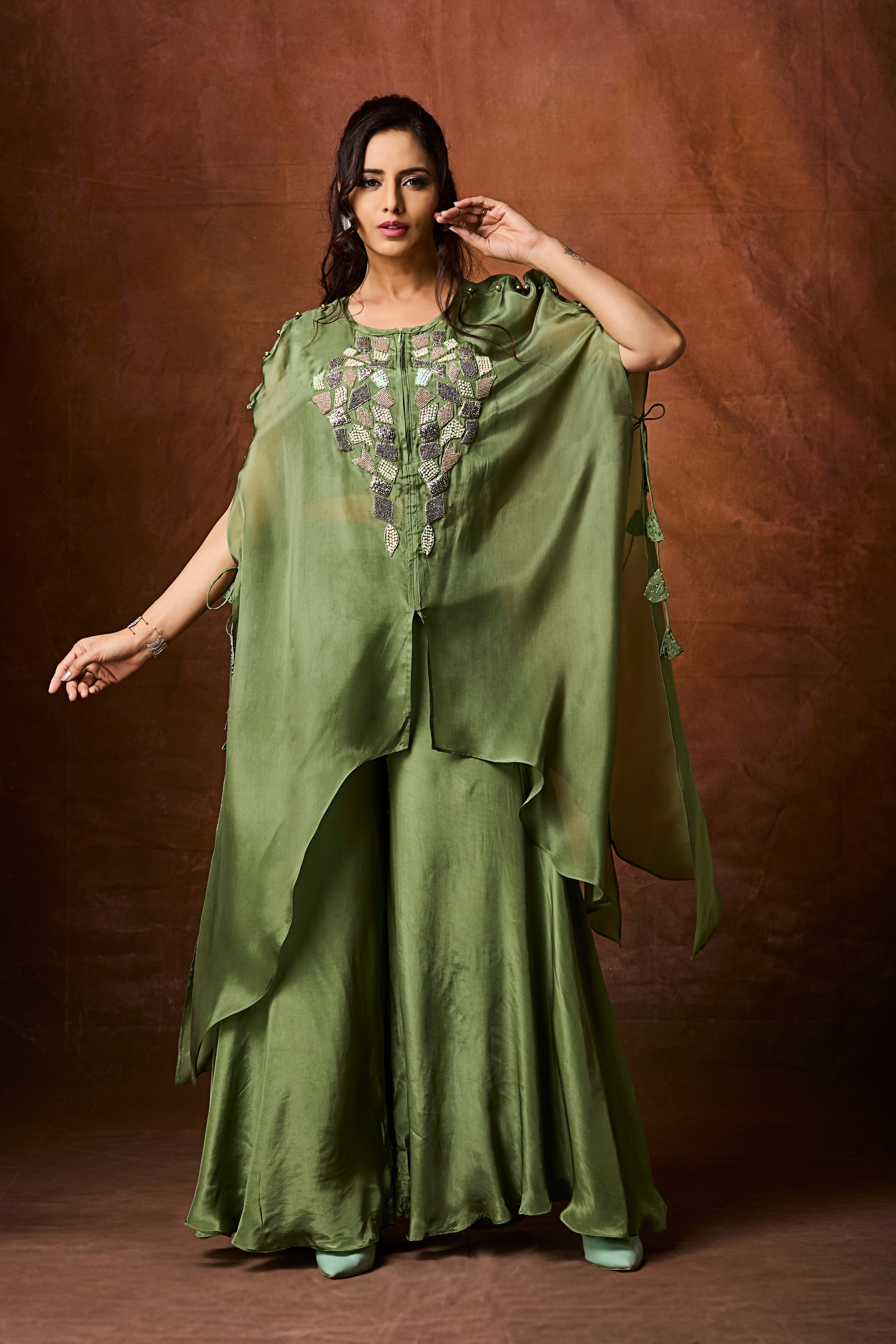 Dusty Green Embellished Organza Silk Kaftan Set