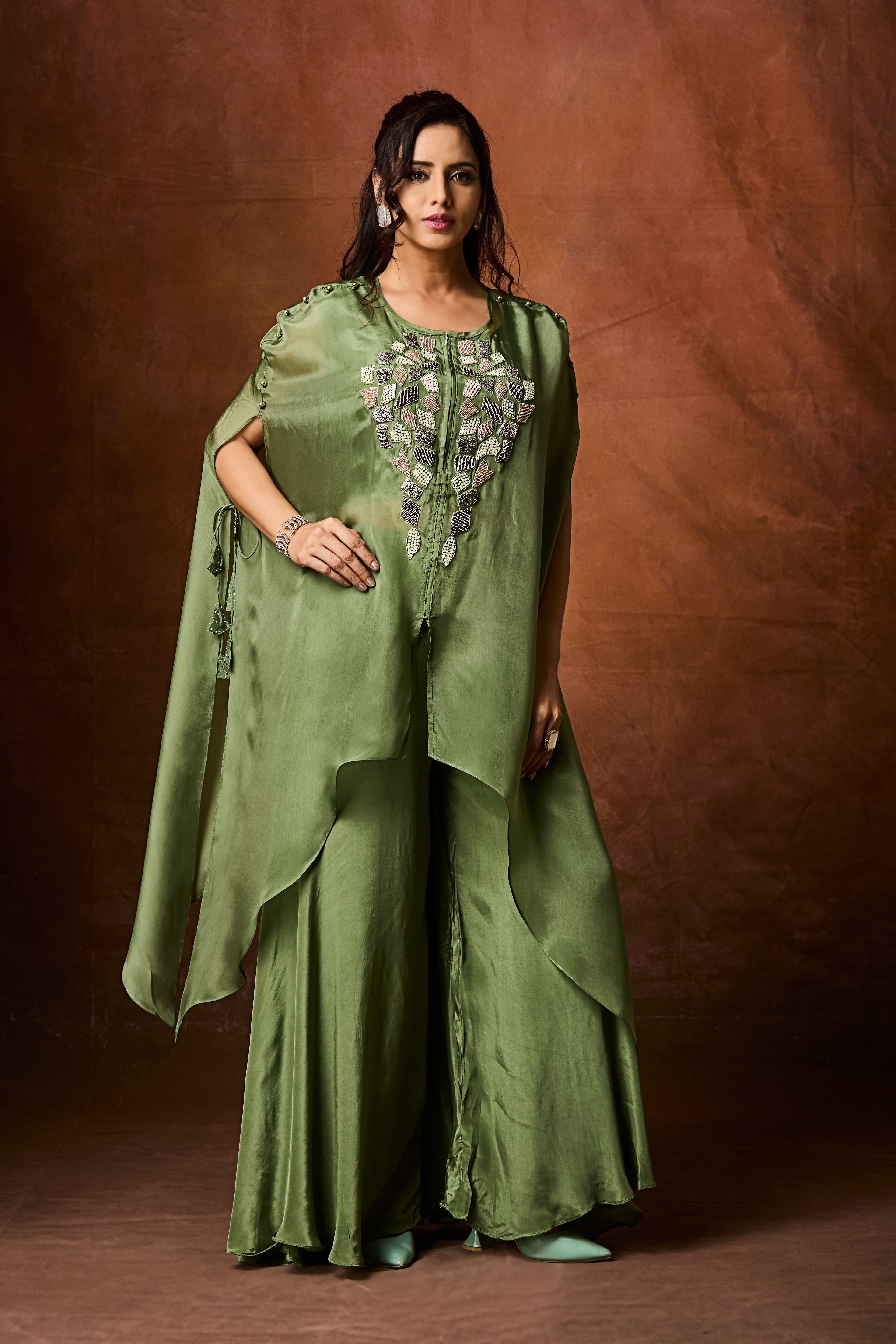 Dusty Green Embellished Organza Silk Kaftan Set