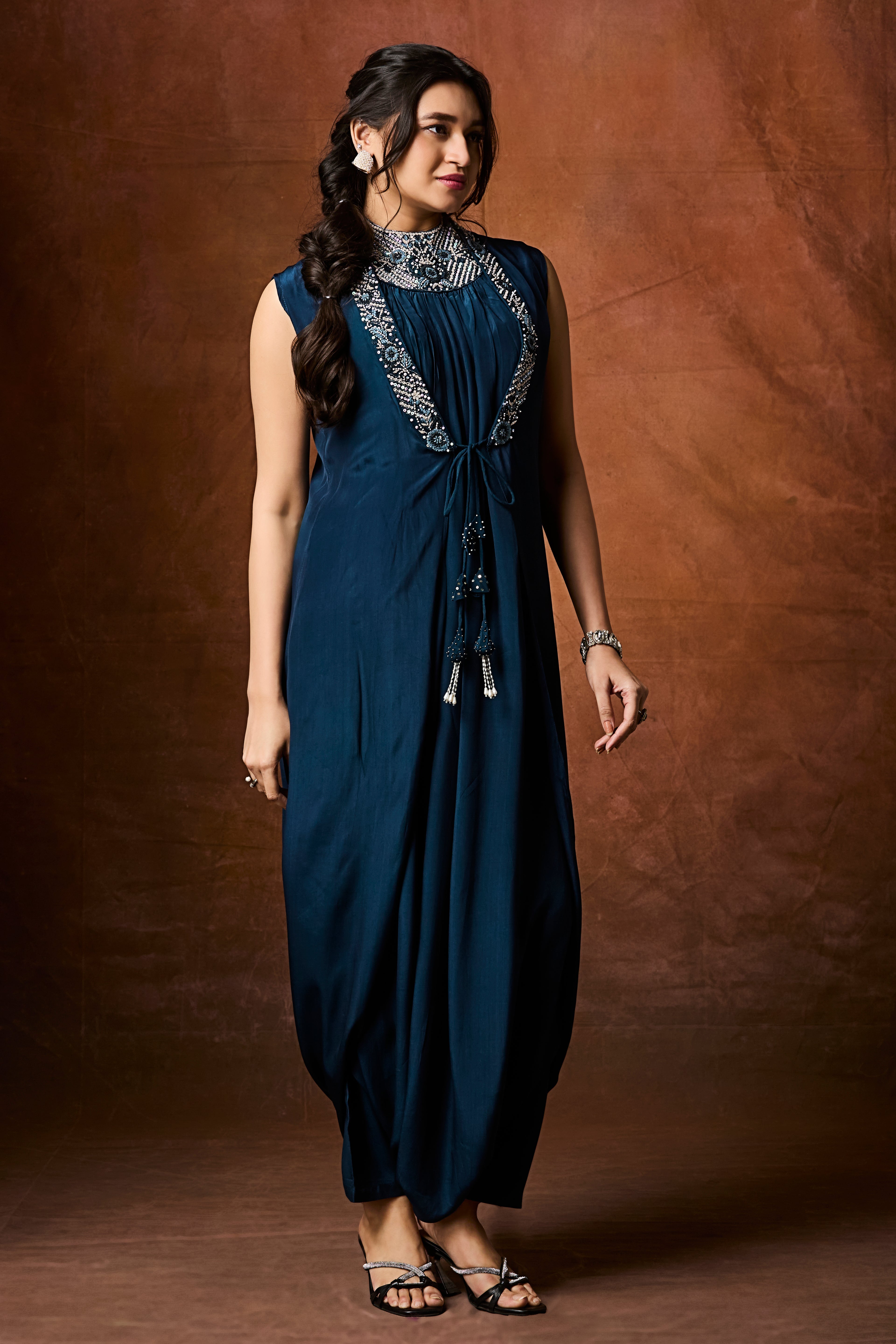 Midnight Teal Embellished Chinon Silk Cowl Dress