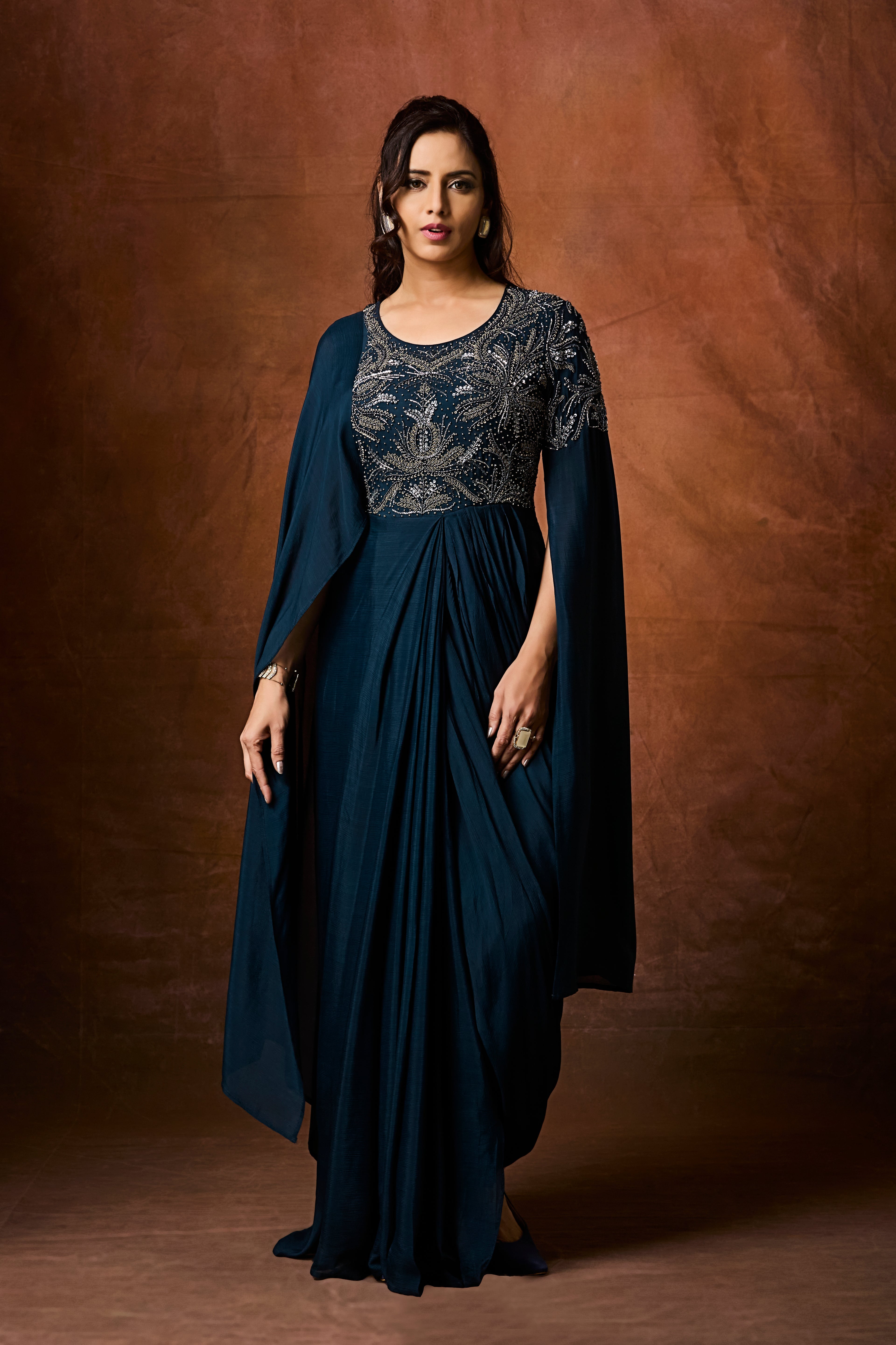 Deep Teal Embellished Chinon Silk Gown