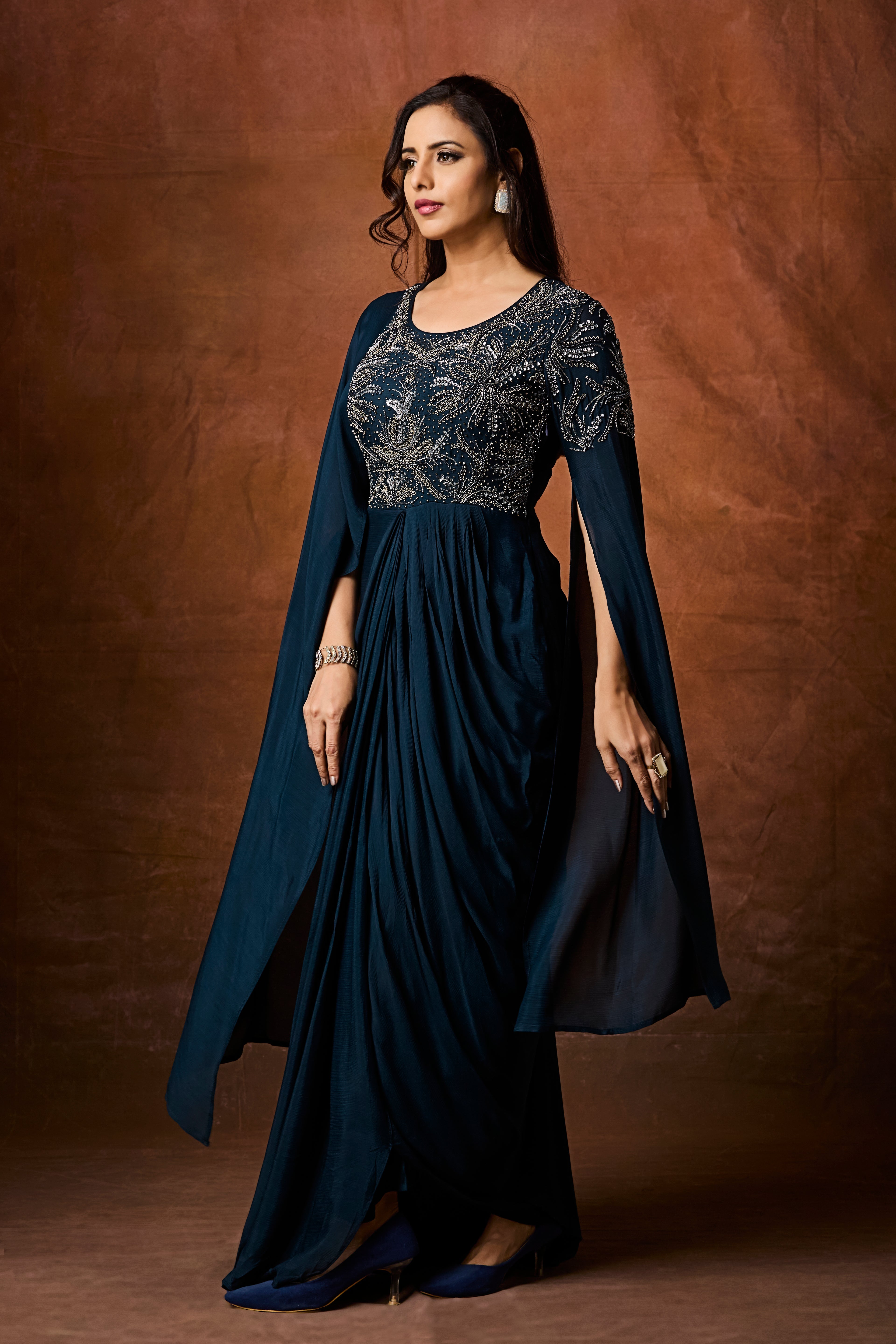 Deep Teal Embellished Chinon Silk Gown