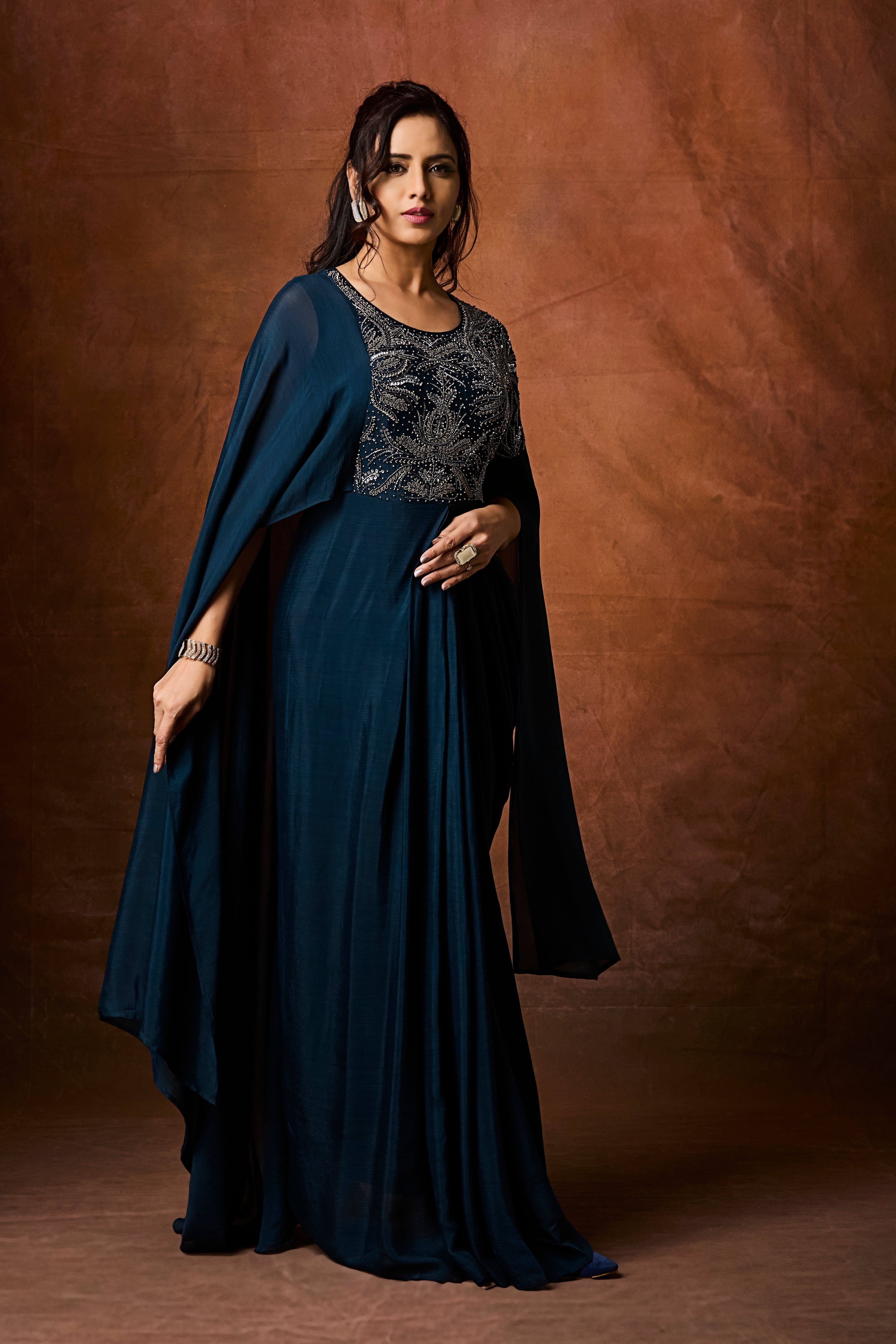 Deep Teal Embellished Chinon Silk Gown