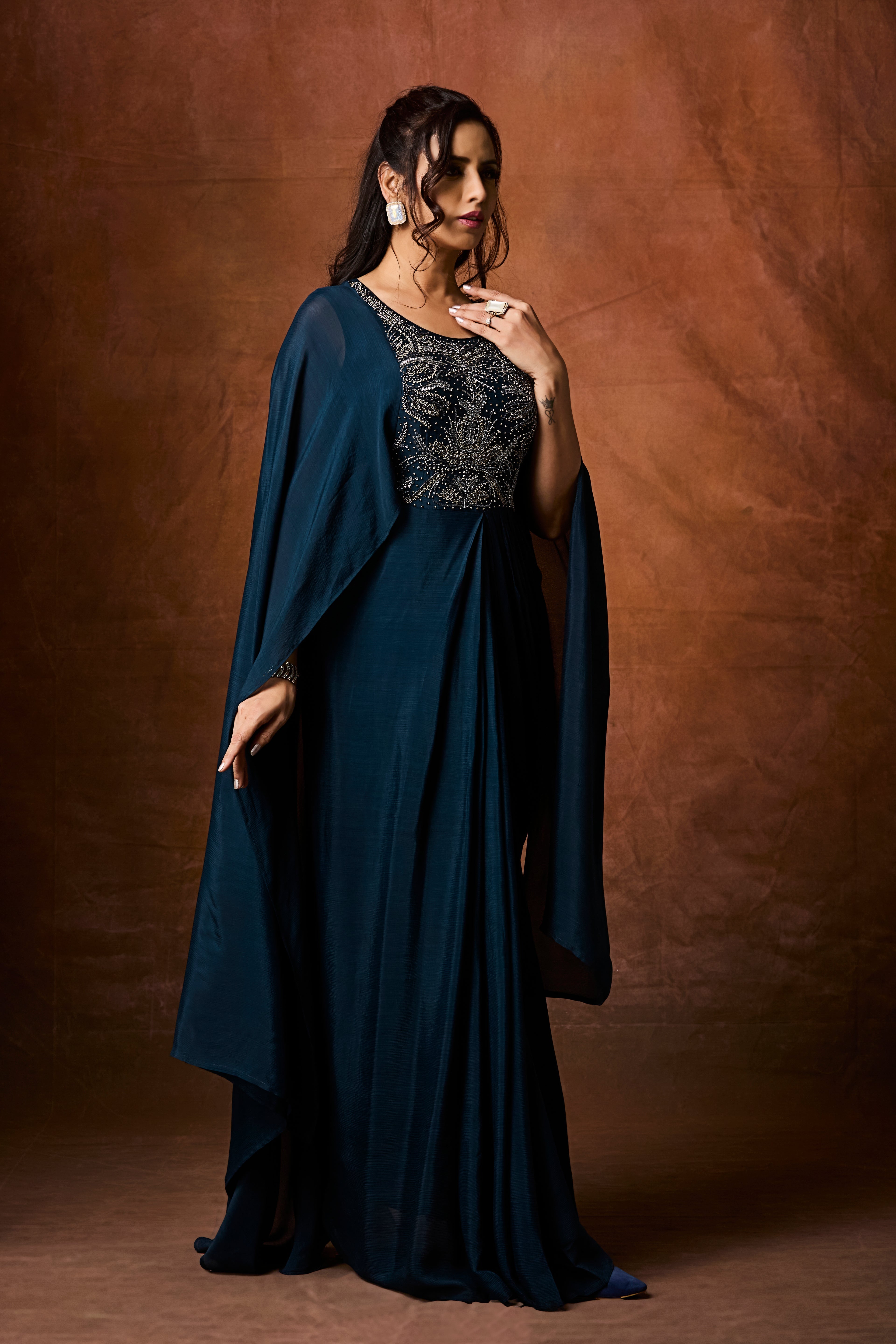 Deep Teal Embellished Chinon Silk Gown