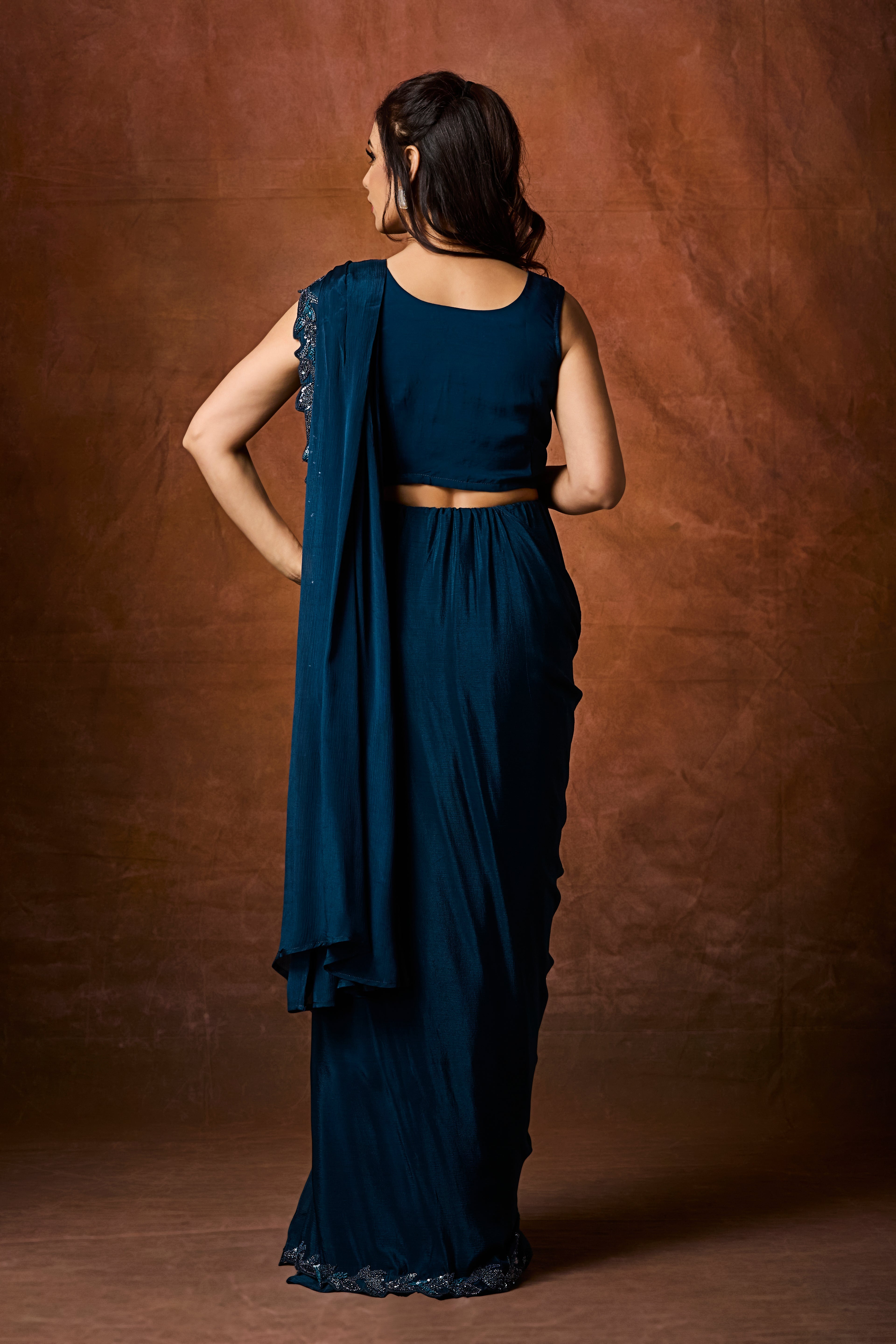 Dark Teal Embellished Chinon Silk Drape Saree