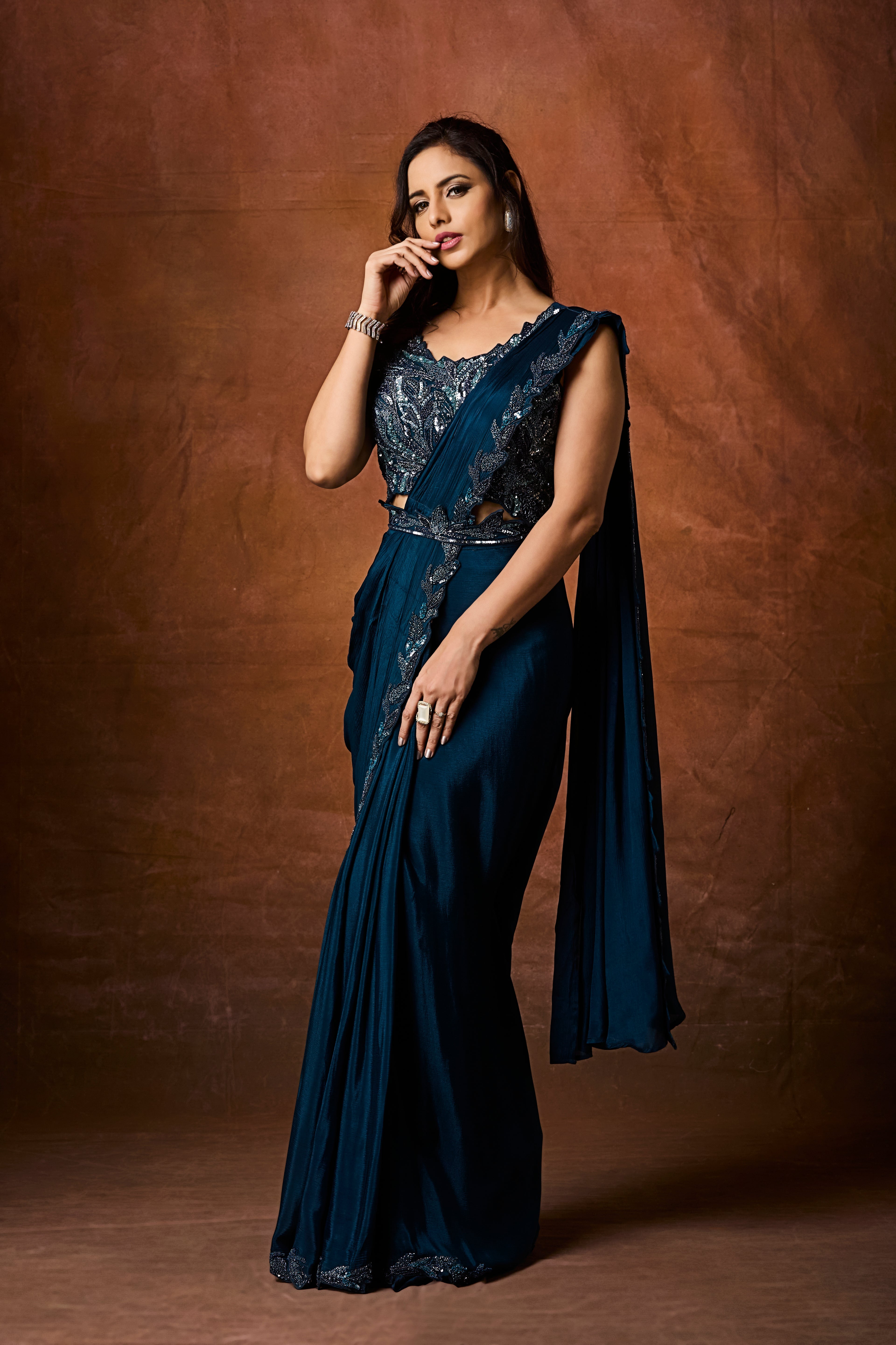 Dark Teal Embellished Chinon Silk Drape Saree