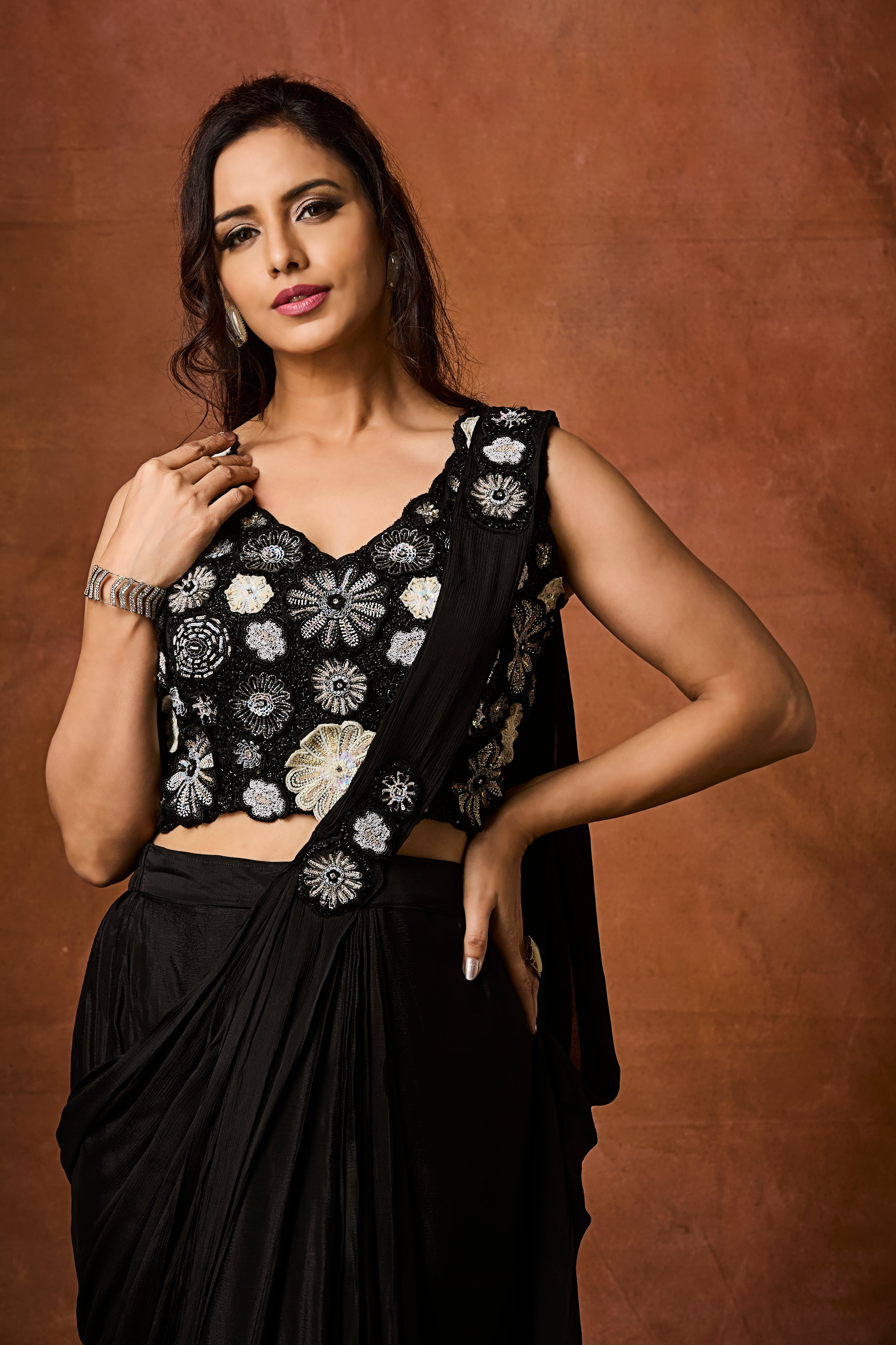 Classic Black Embellished Chinon Silk Drape Saree