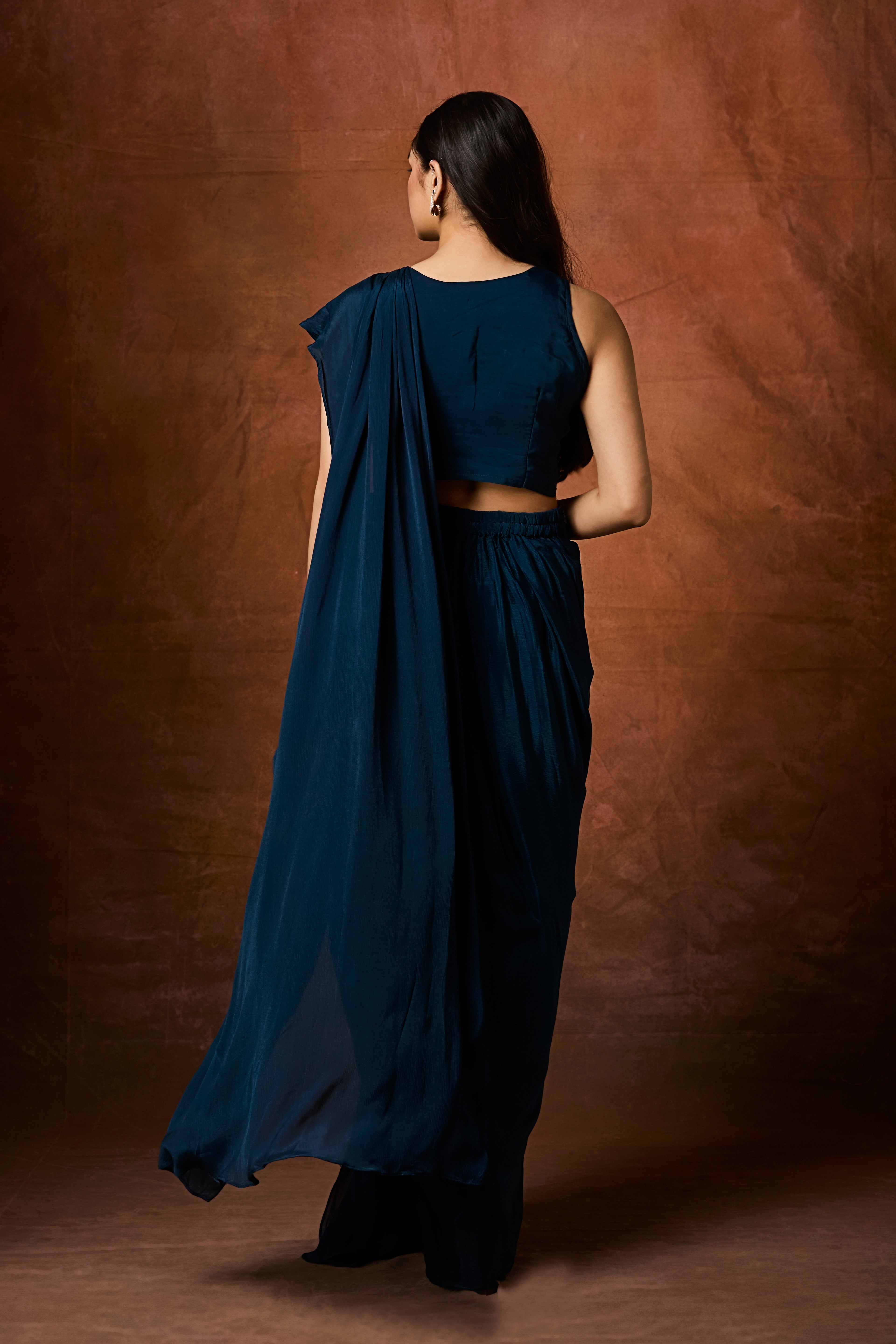 Deep Teal Blue Embellished Chinon Silk Drape Saree